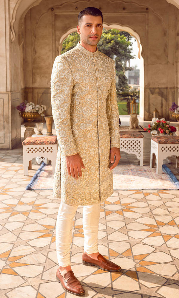 Fawn Embroidered Silk-Blend Groom Sherwani (2-Piece) - Image 4
