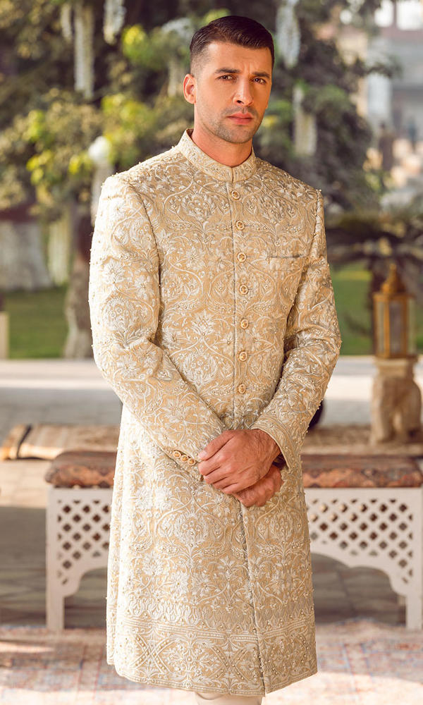 Fawn Embroidered Silk-Blend Groom Sherwani (2-Piece) - Image 5