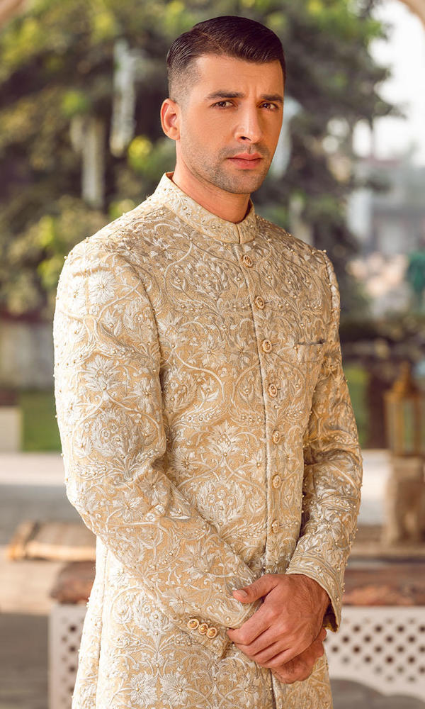 Fawn Embroidered Silk-Blend Groom Sherwani (2-Piece) - Image 6