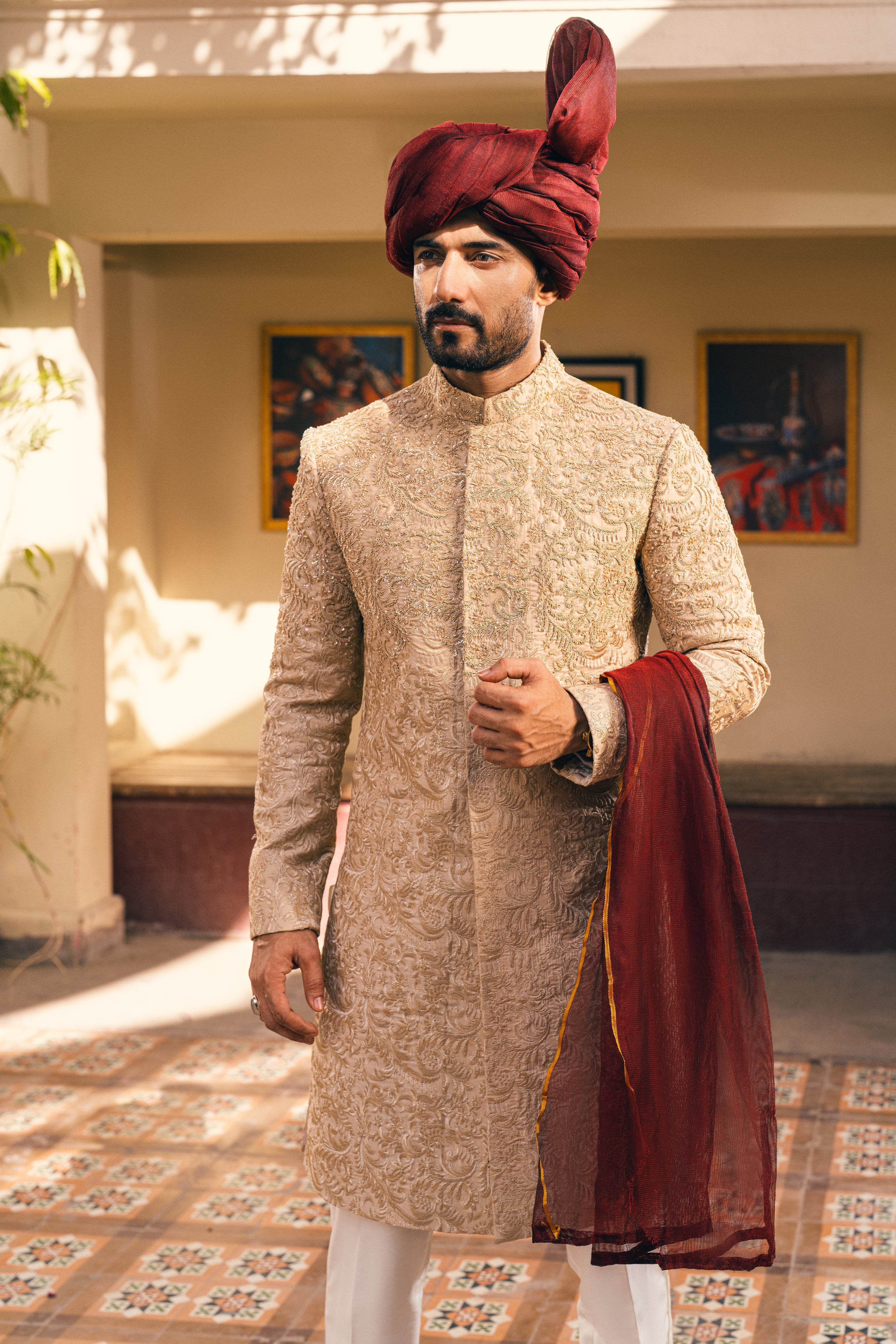 Beige Cut Dana Silk-Blend Sherwani (3-Piece) - Image 2