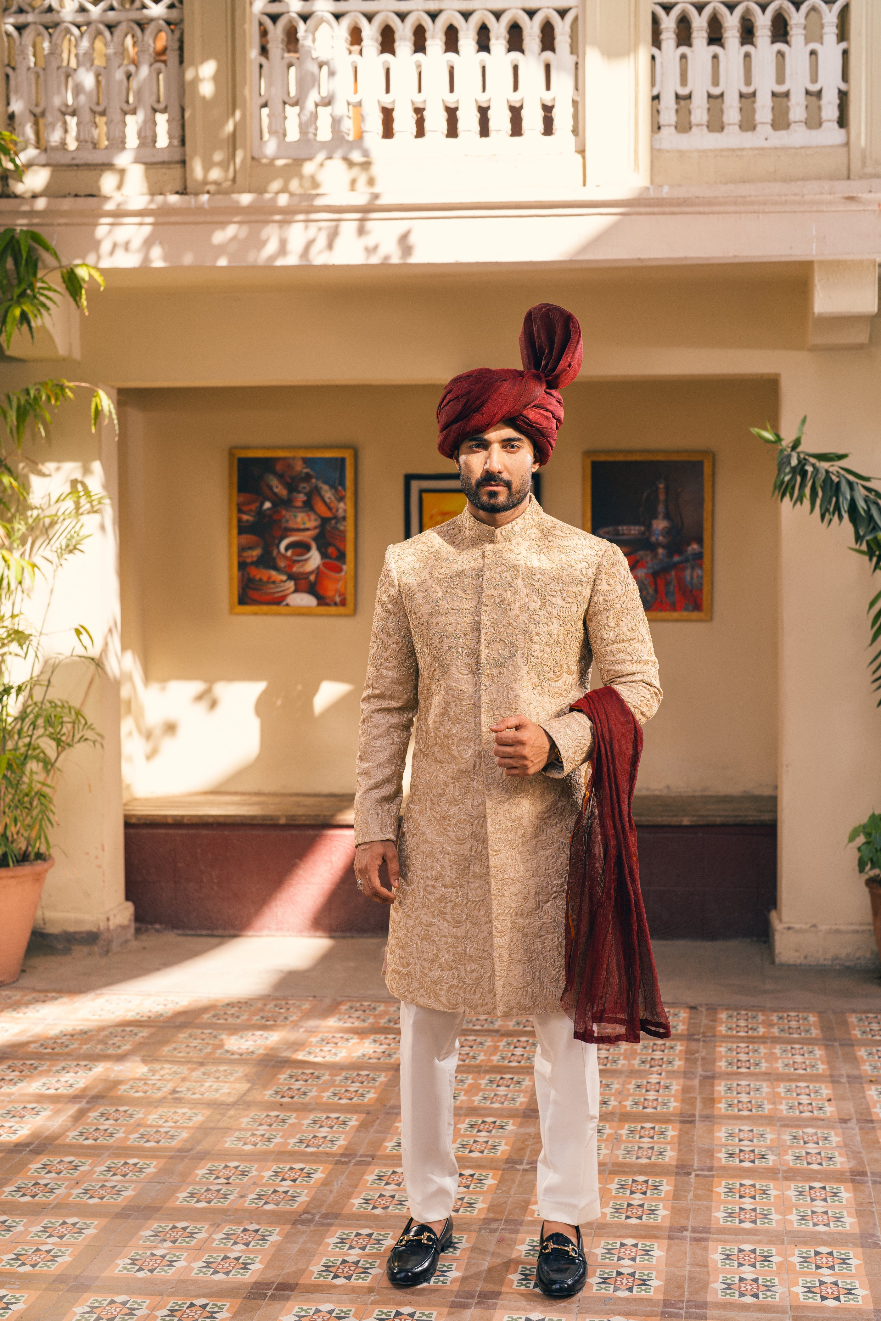 Beige Cut Dana Silk-Blend Sherwani (3-Piece) - Image 3