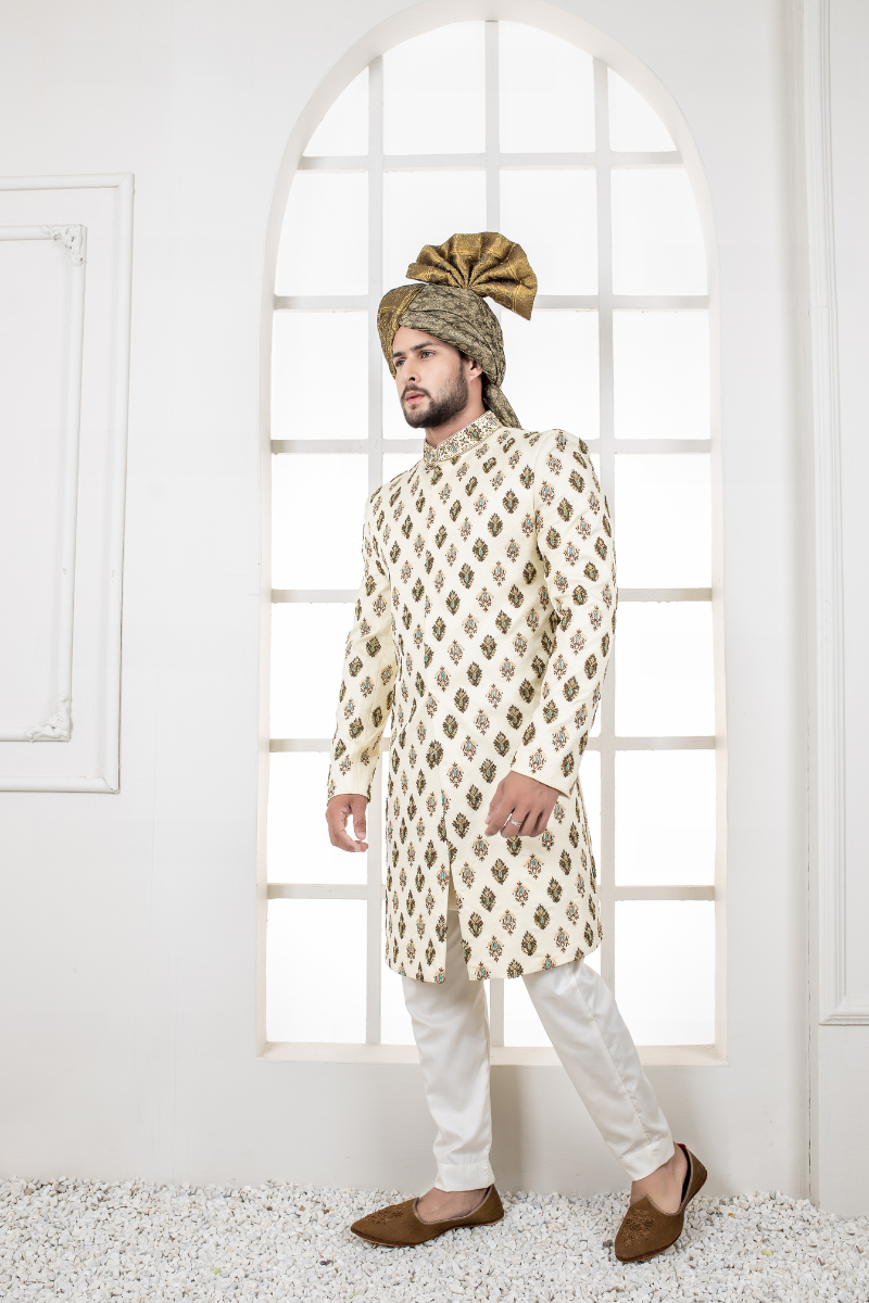 Beige Embroidered Silk-Blend Sherwani (2-Piece) - Image 1