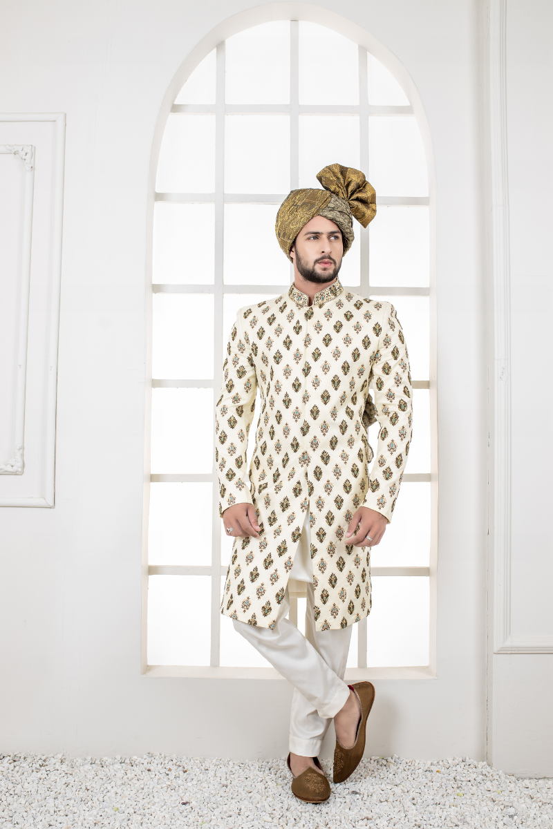 Beige Embroidered Silk-Blend Sherwani (2-Piece) - Image 2