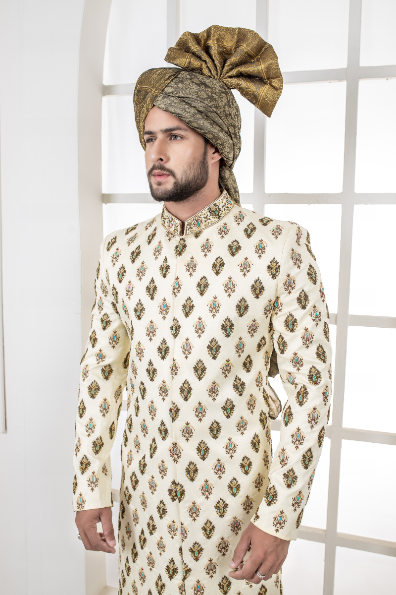 Beige Embroidered Silk-Blend Sherwani (2-Piece) - Image 3