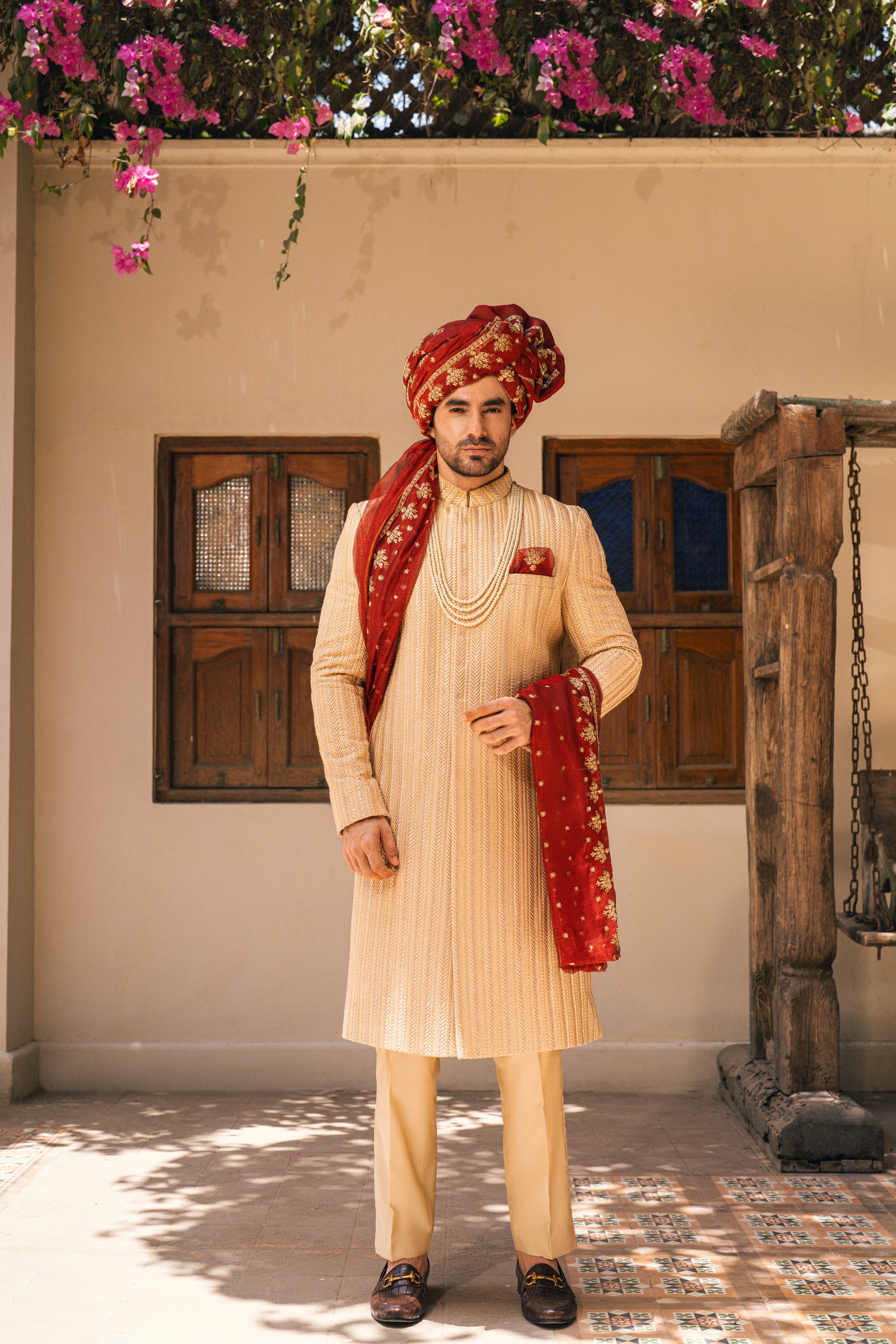 Beige Embroidered Silk-Blend Groom Sherwani (5-Piece) - Image 2