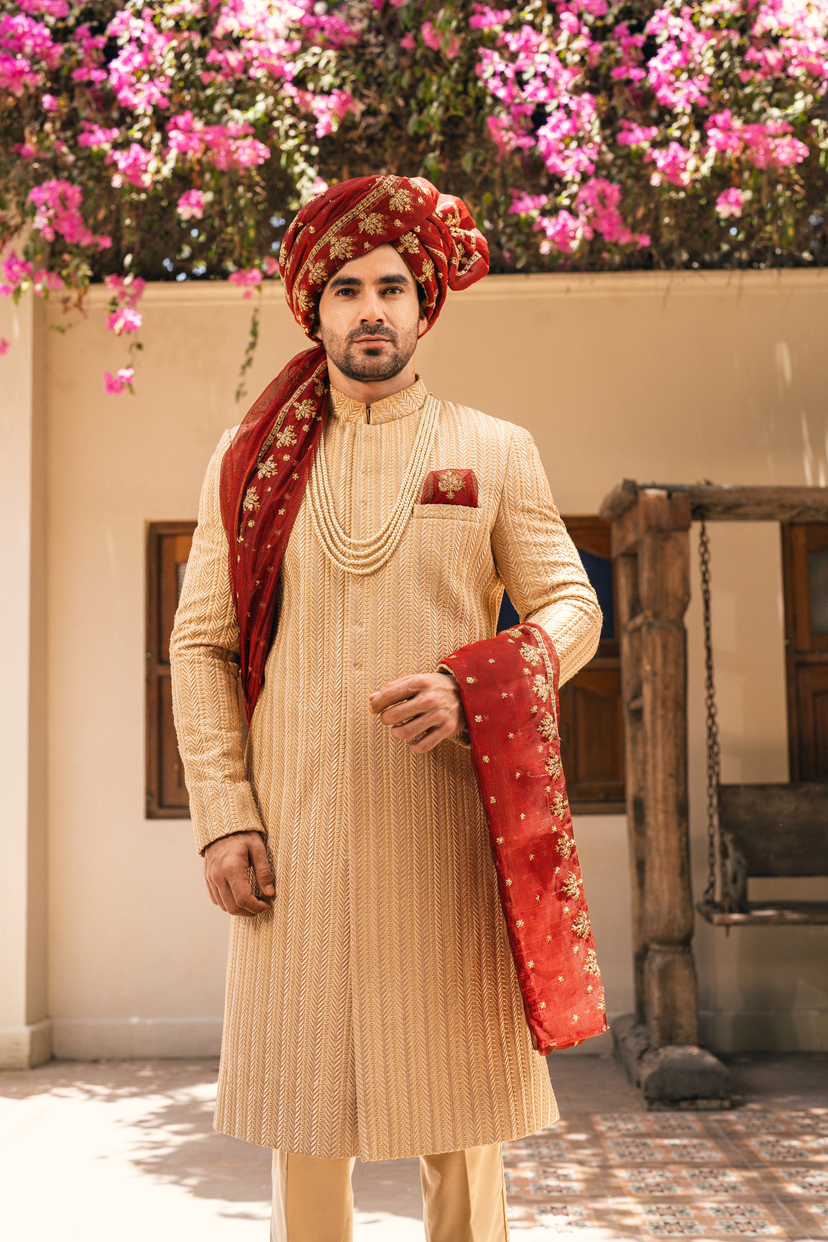 Beige Embroidered Silk-Blend Groom Sherwani (5-Piece) - Image 3