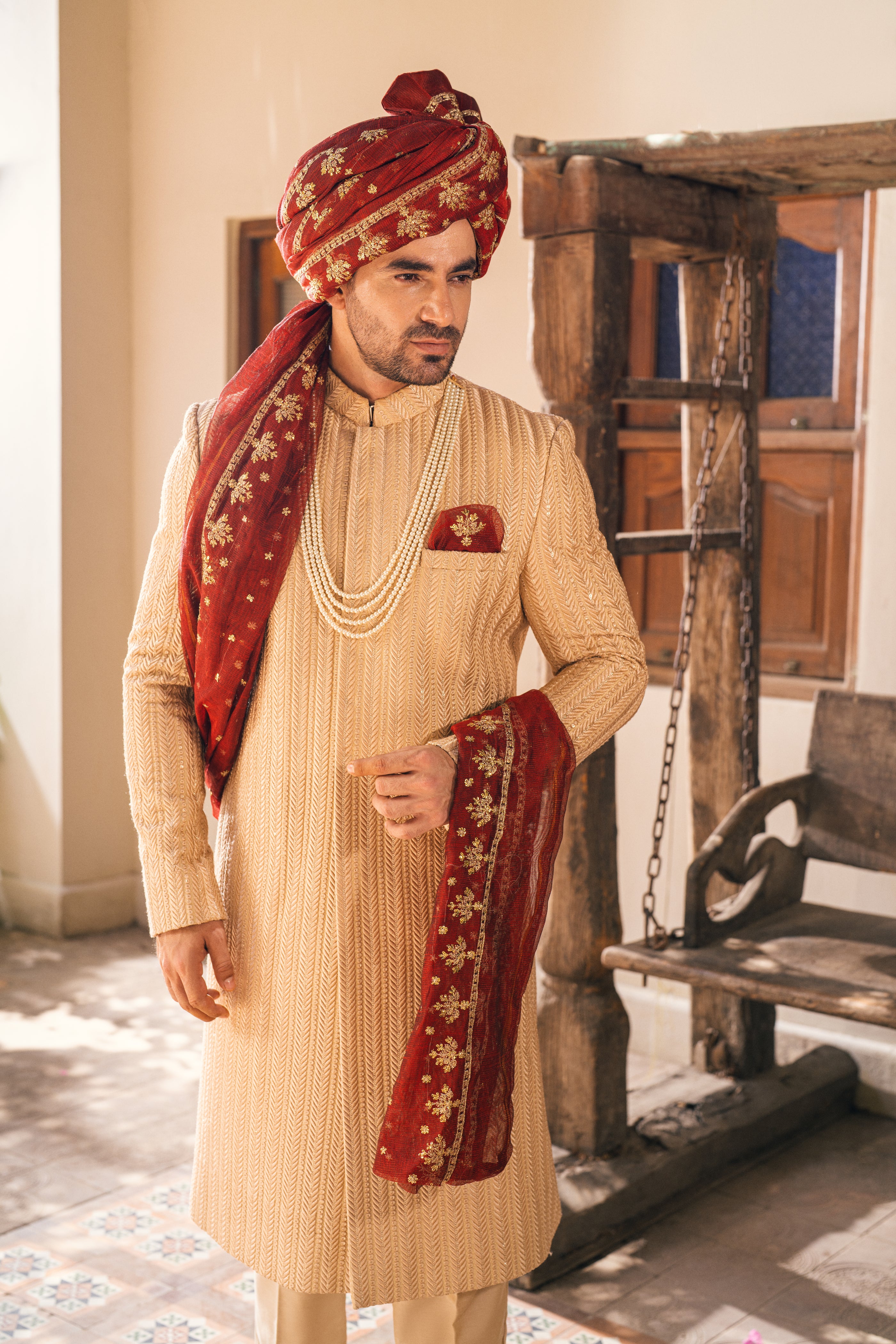 Beige Embroidered Silk-Blend Groom Sherwani (5-Piece) - Image 4