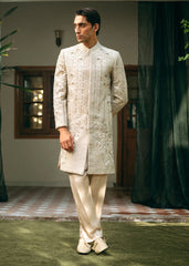 Beige Hand-Embellished Silk-Blend Sherwani (3-Piece) - Image 2