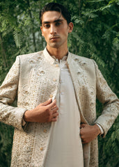 Beige Hand-Embellished Silk-Blend Sherwani (3-Piece) - Image 3