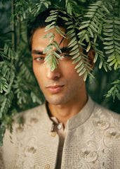 Beige Hand-Embellished Silk-Blend Sherwani (3-Piece) - Image 5