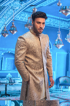 Beige Chikankari Silk-Blend Sherwani (2-Piece) - Image 2