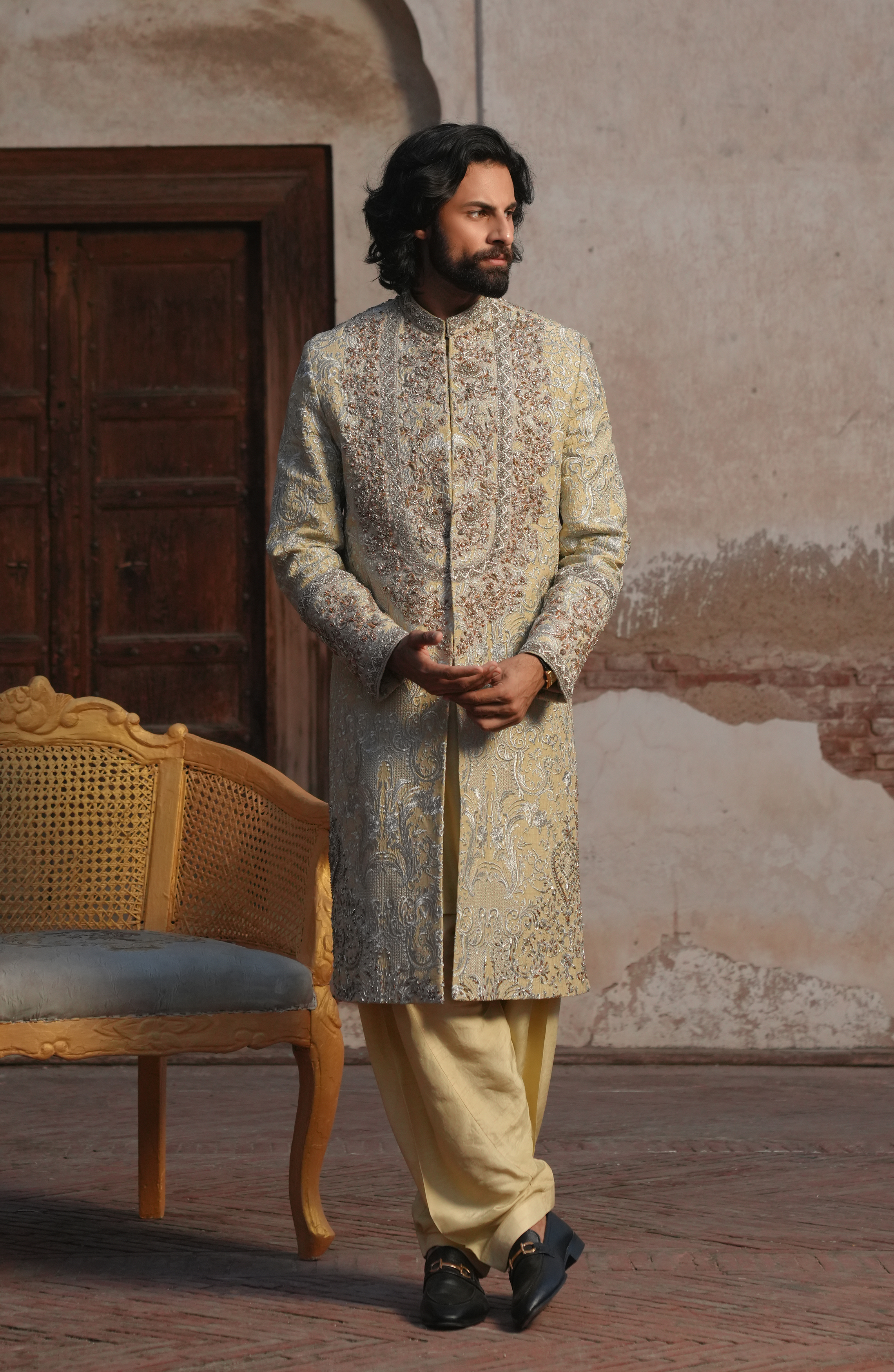 Light Beige Embroidered Silk Sherwani (3-Piece) - Image 1