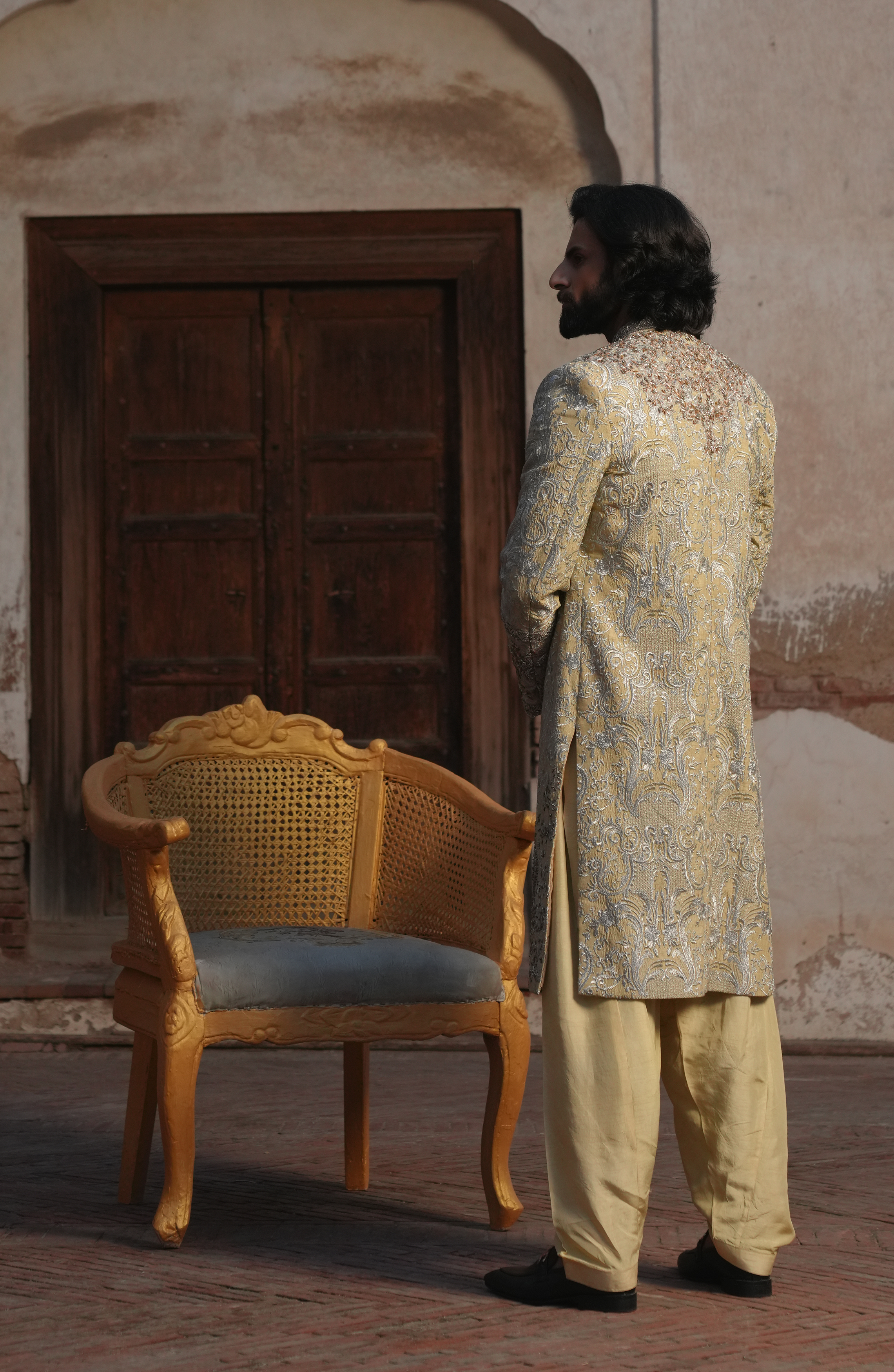 Light Beige Embroidered Silk Sherwani (3-Piece) - Image 4