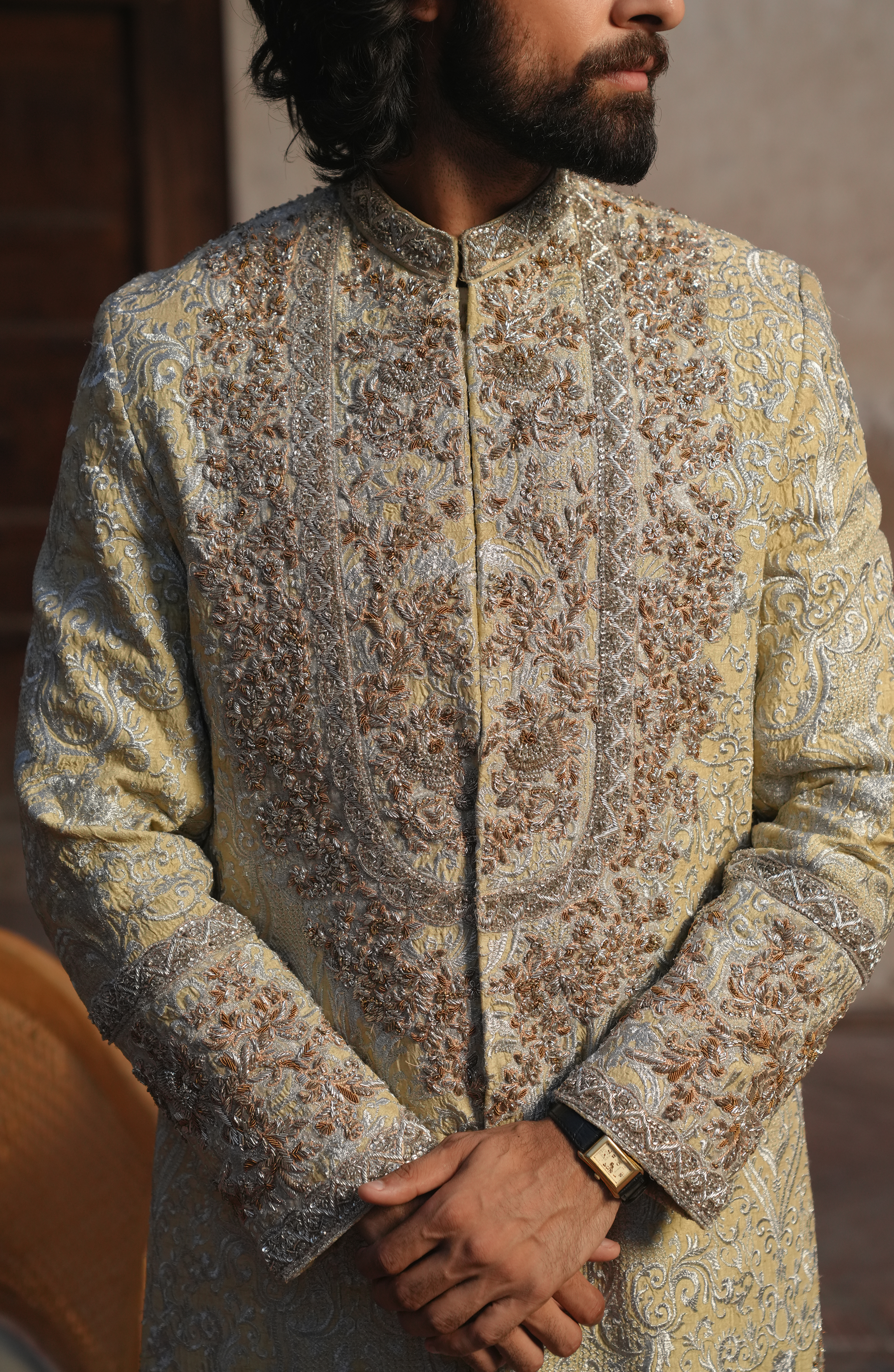 Light Beige Embroidered Silk Sherwani (3-Piece) - Image 6