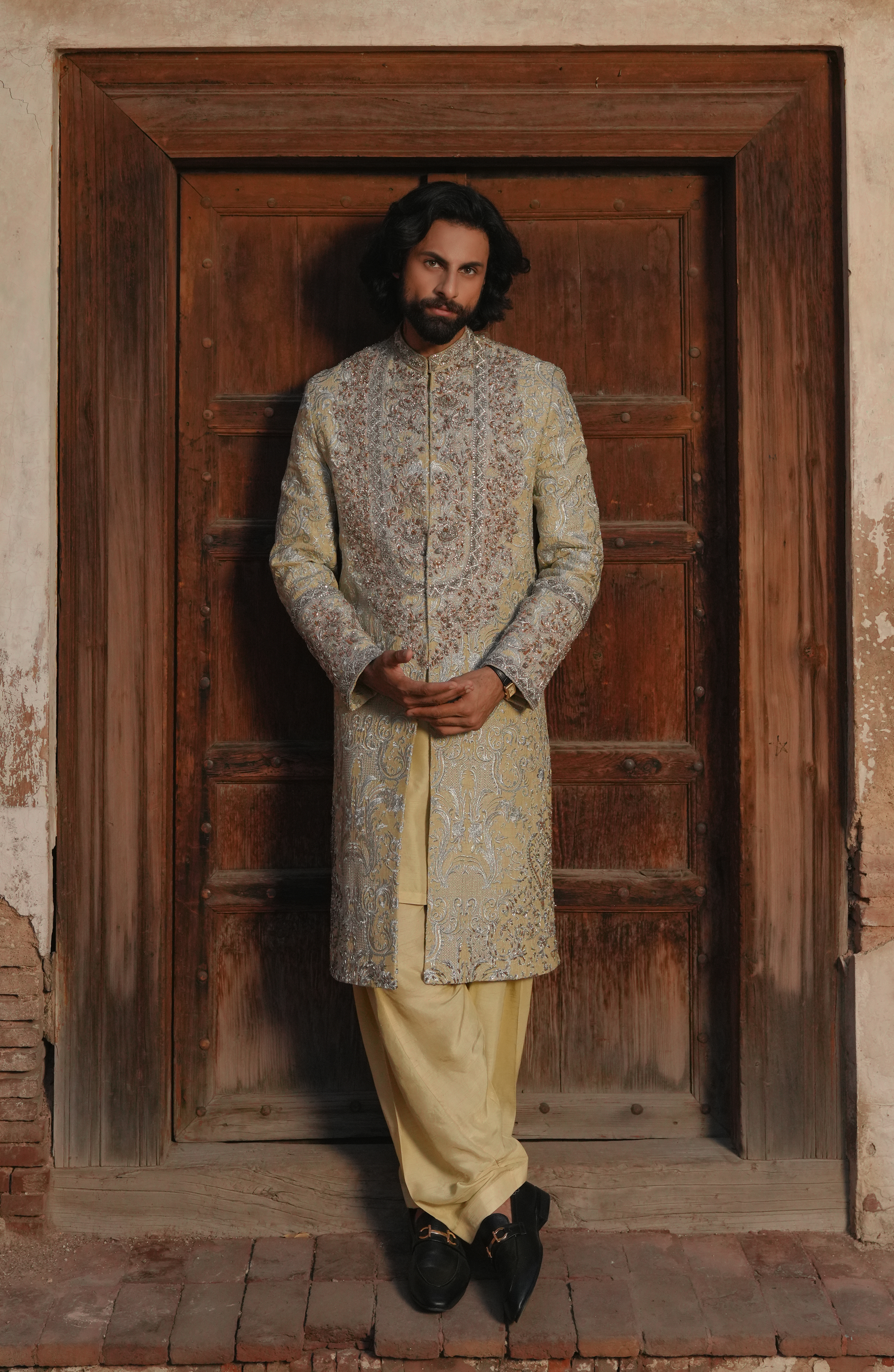 Light Beige Embroidered Silk Sherwani (3-Piece) - Image 7