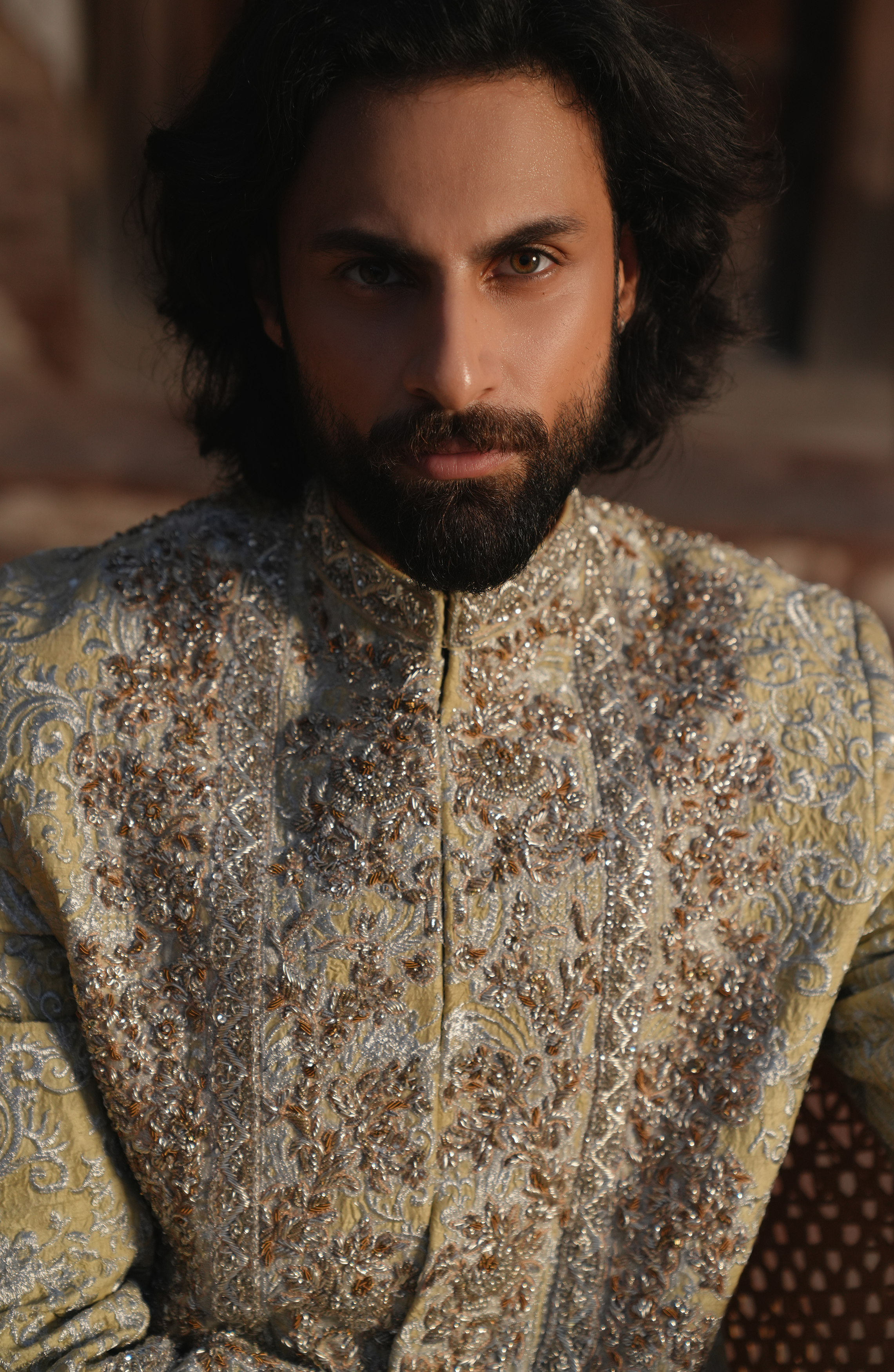 Light Beige Embroidered Silk Sherwani (3-Piece) - Image 9