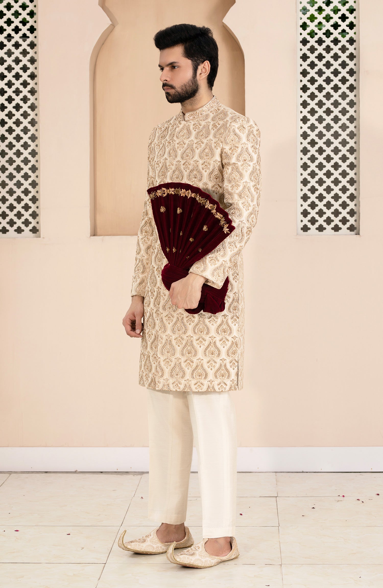 Beige Kora Dabka Embroidered Silk Sherwani (3-Piece) - Image 4
