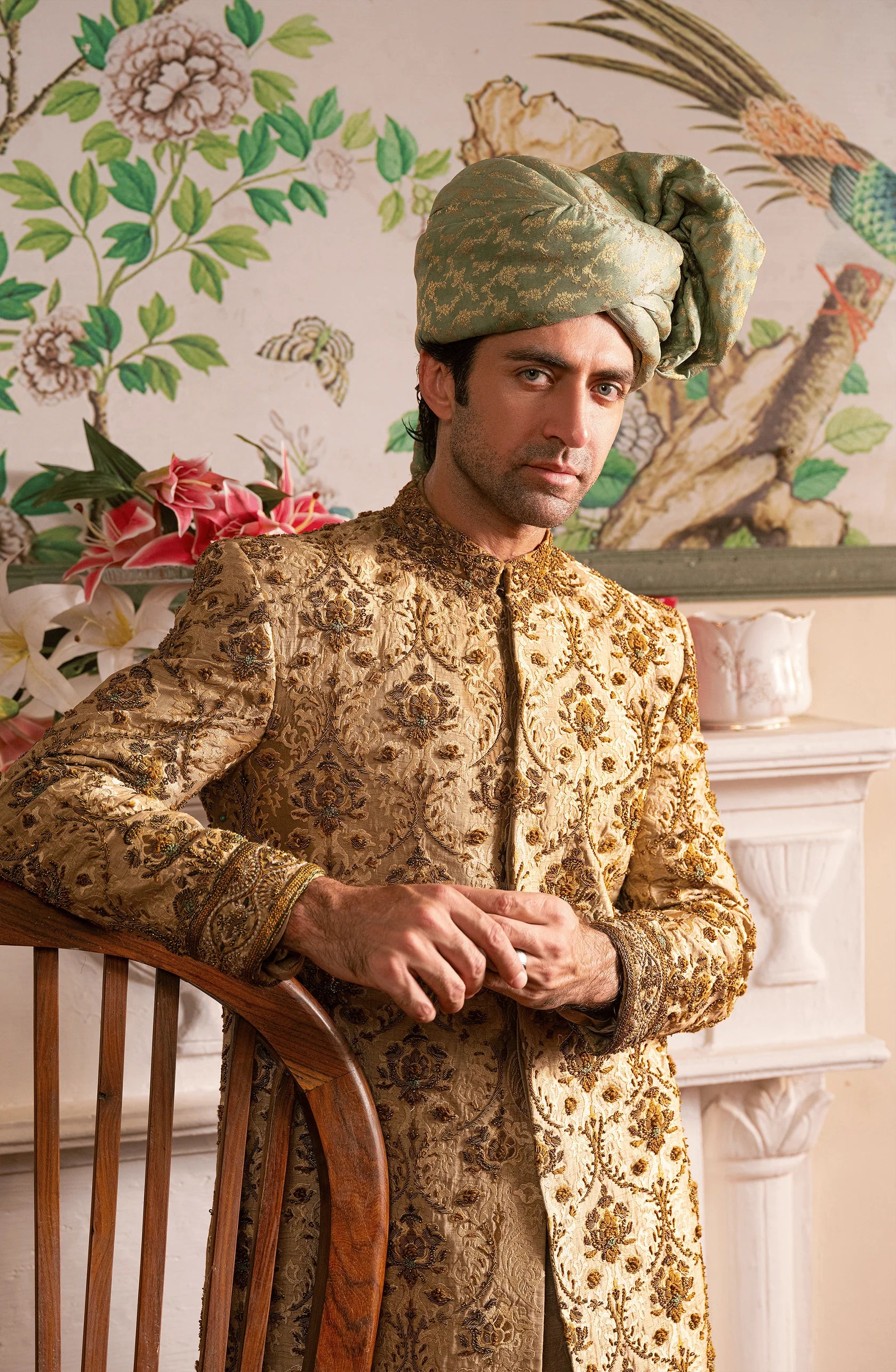 Beige Resham Embroidered Silk Sherwani (3-Piece) - Image 1