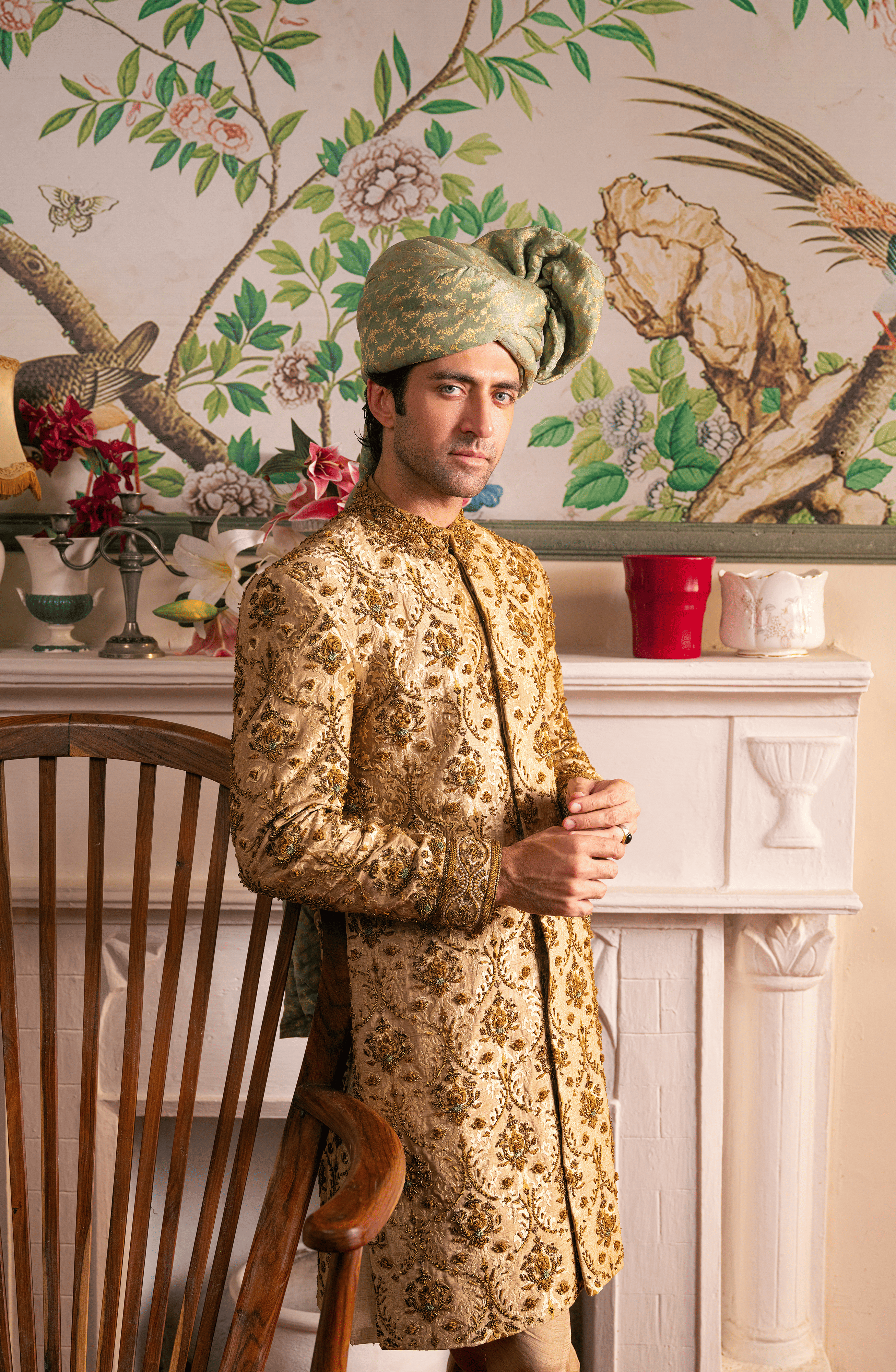 Beige Resham Embroidered Silk Sherwani (3-Piece) - Image 2