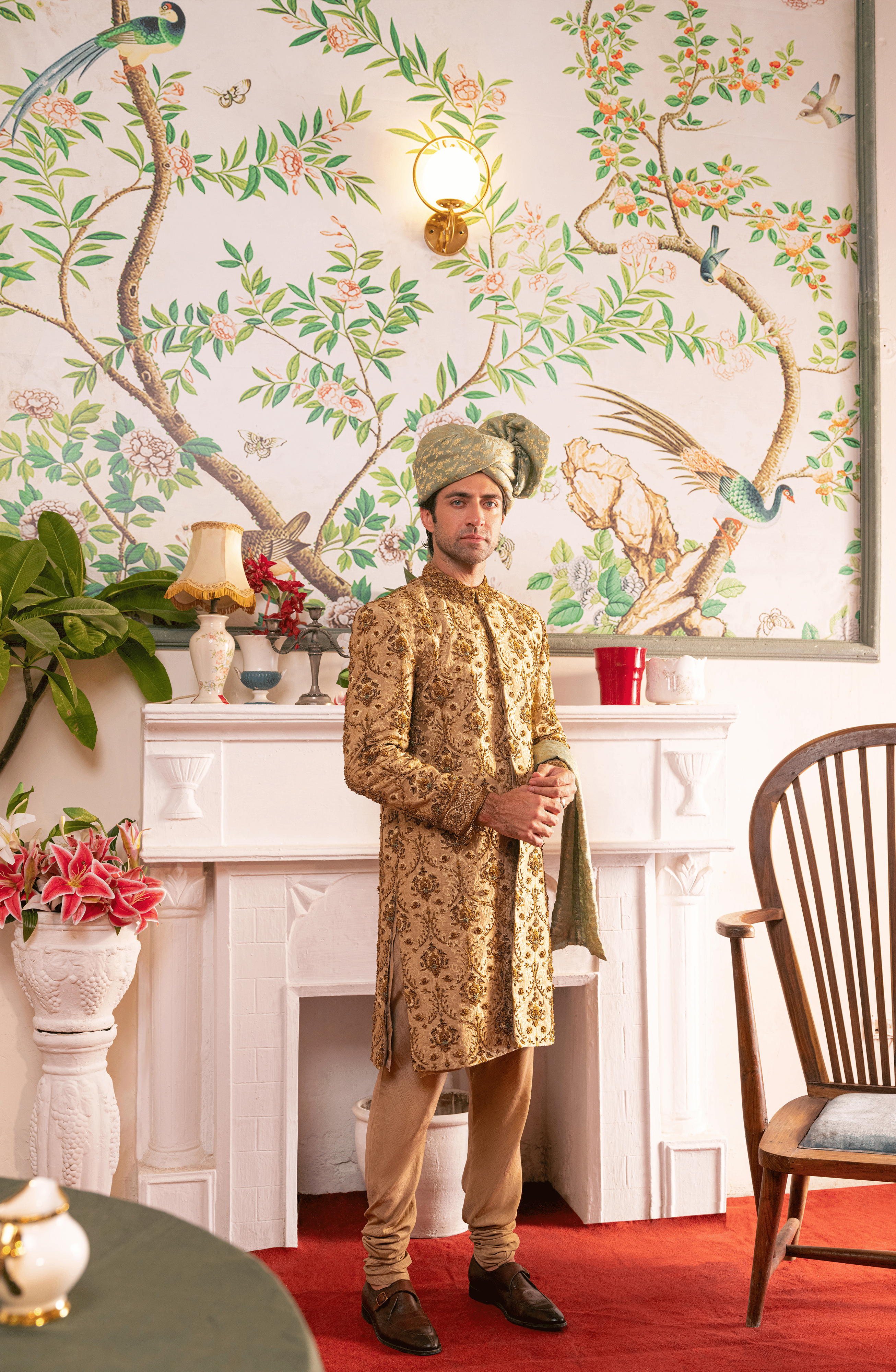 Beige Resham Embroidered Silk Sherwani (3-Piece) - Image 3