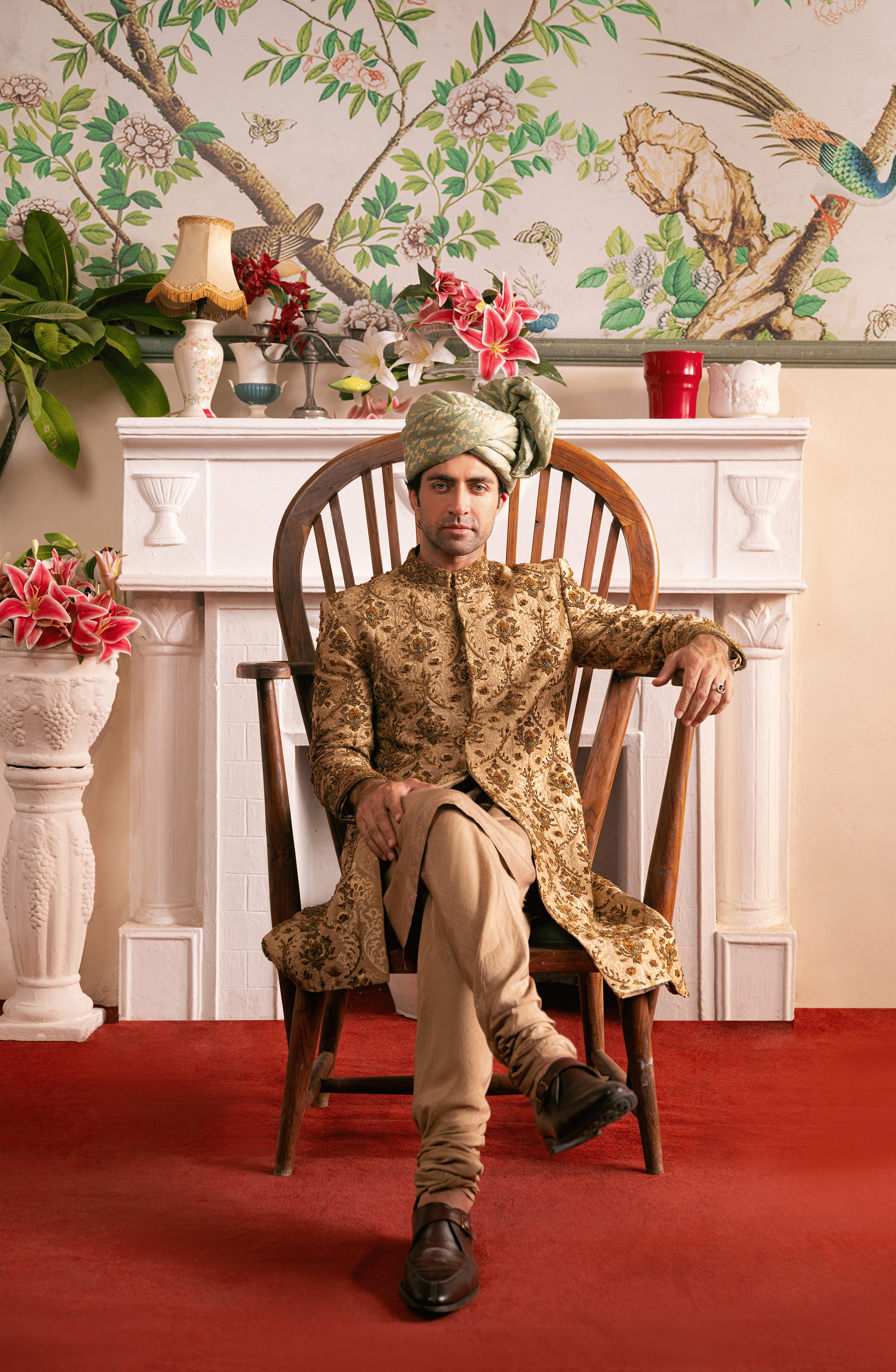 Beige Resham Embroidered Silk Sherwani (3-Piece) - Image 4