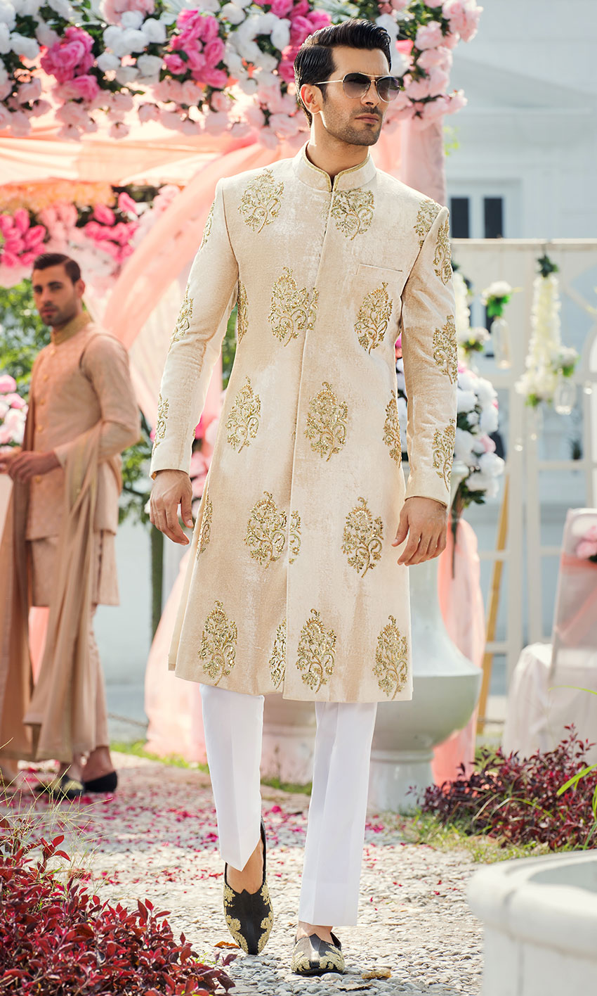 Creamy Beige Gold Embroidered Velvet Sherwani (2-Piece) - Image 1