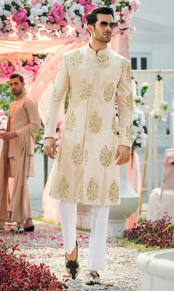 Creamy Beige Gold Embroidered Velvet Sherwani (2-Piece) - Image 2