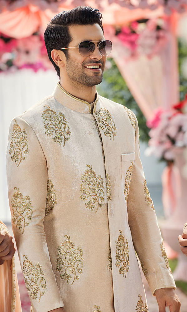 Creamy Beige Gold Embroidered Velvet Sherwani (2-Piece) - Image 4