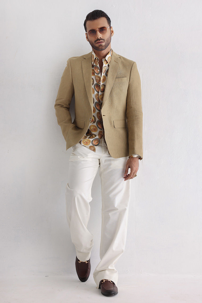 Beige Printed Silk & Irish Linen Groom Suit (3-Piece) - Image 1