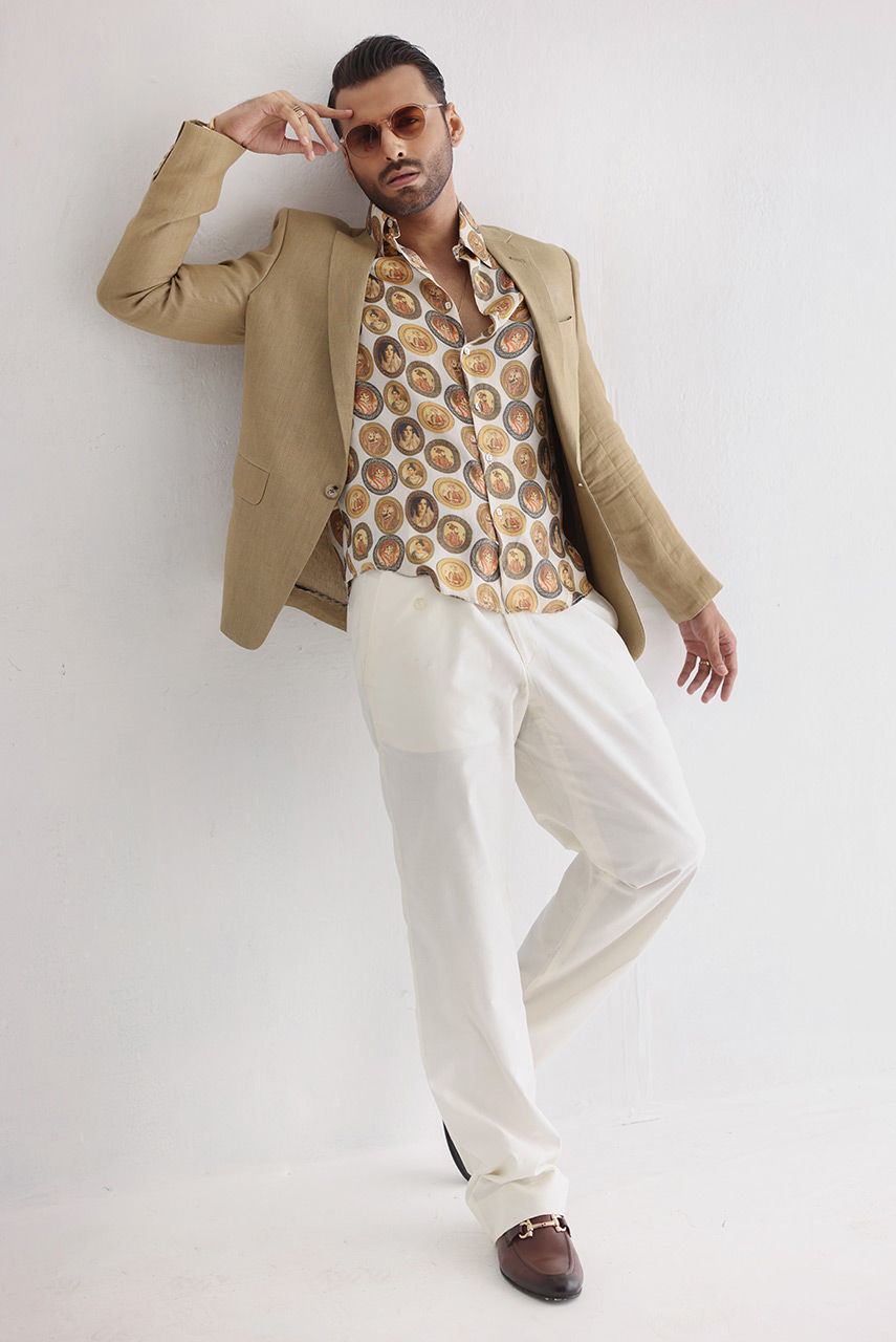Beige Printed Silk & Irish Linen Groom Suit (3-Piece) - Image 2