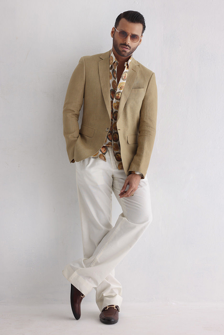 Beige Printed Silk & Irish Linen Groom Suit (3-Piece) - Image 3