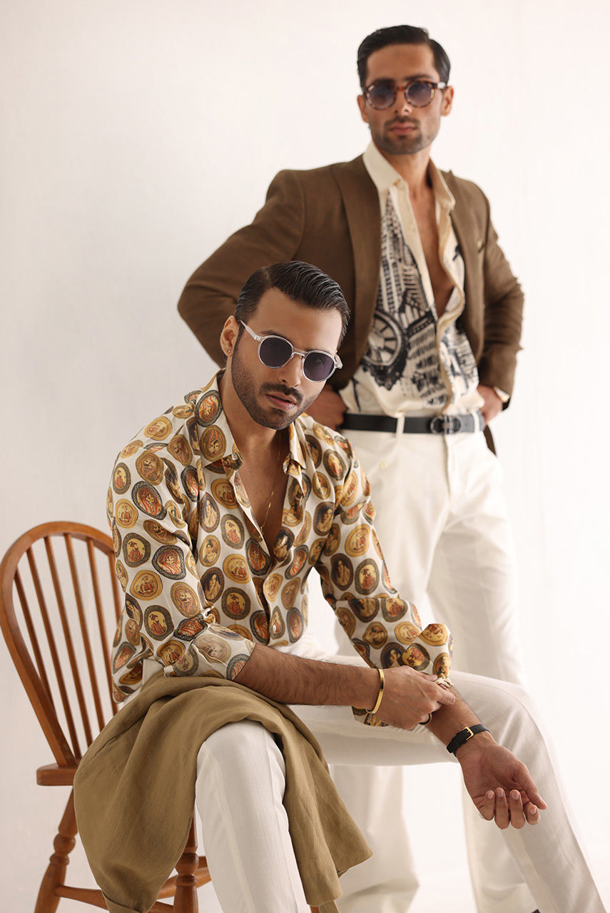 Beige Printed Silk & Irish Linen Groom Suit (3-Piece) - Image 4