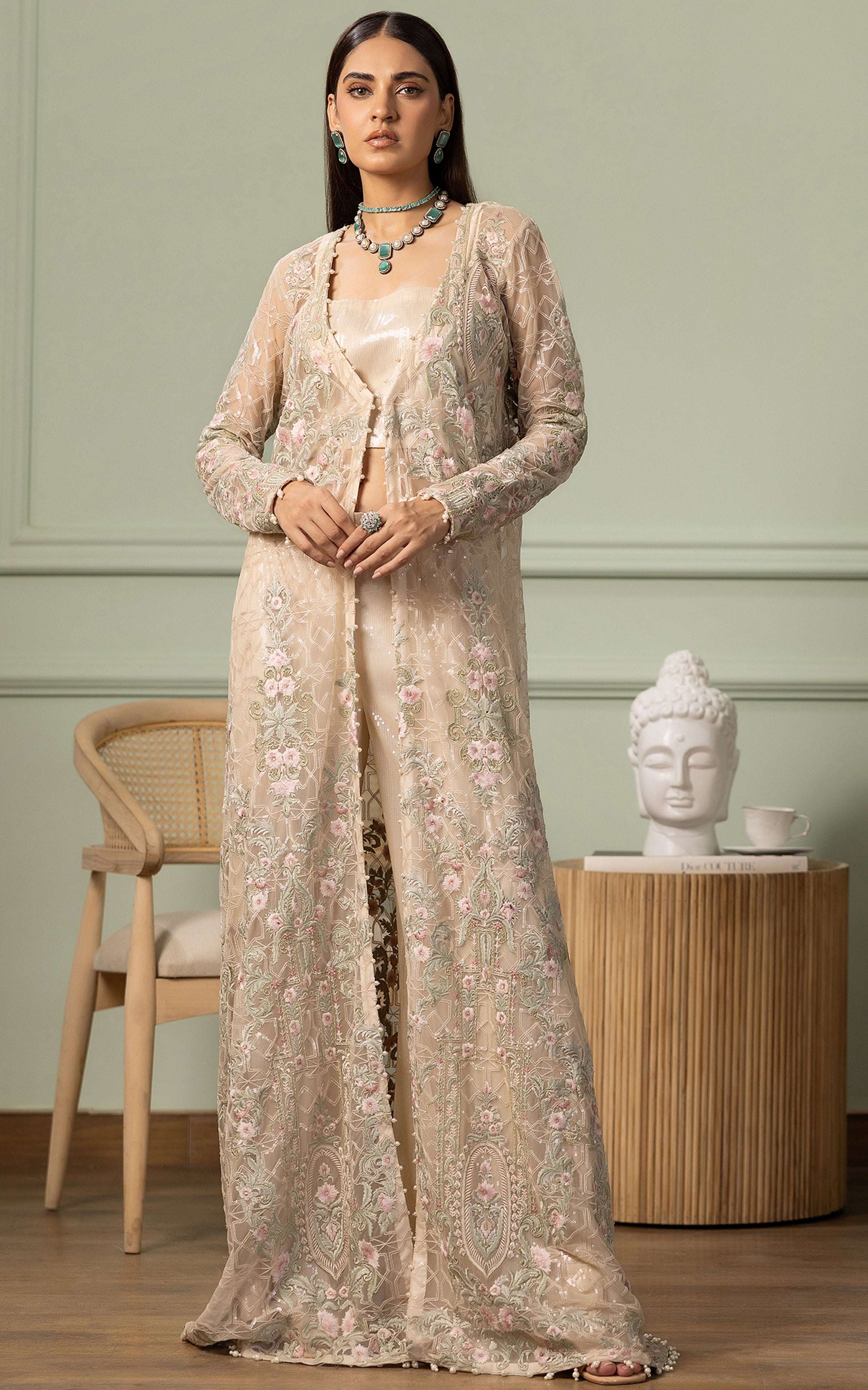 Pakistani Beige Embroidered Net Long Jacket (3-Piece) - Image 1