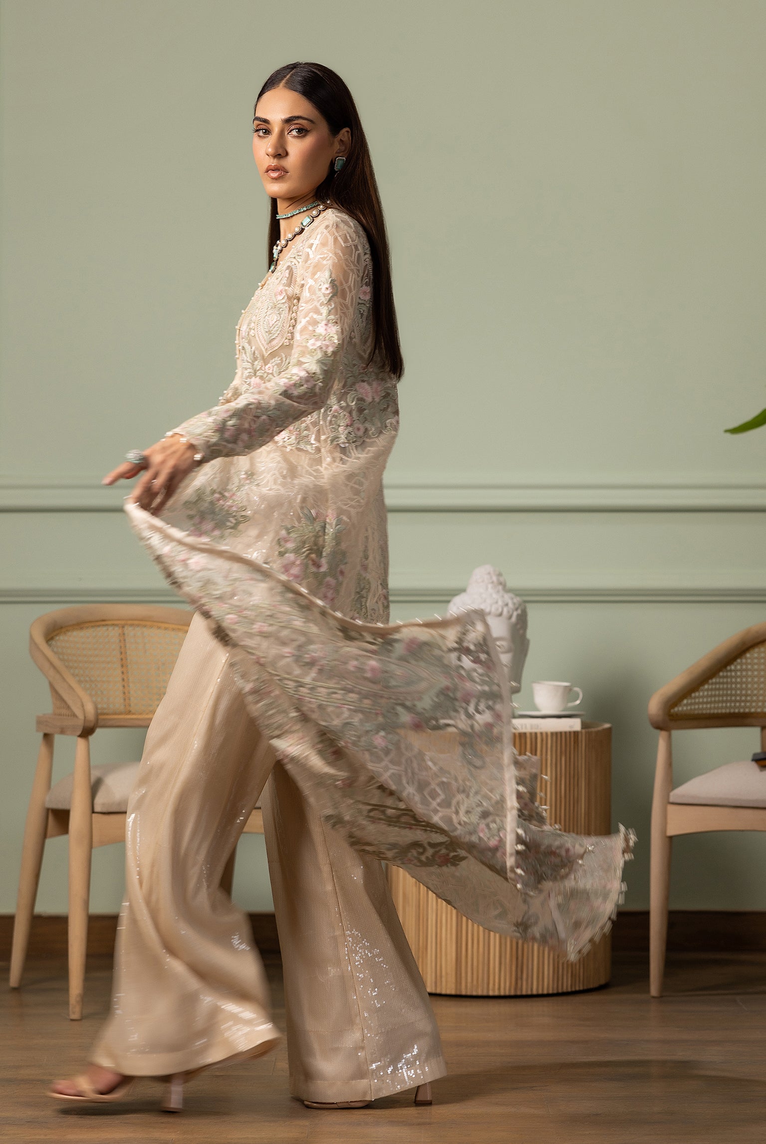 Pakistani Beige Embroidered Net Long Jacket (3-Piece) - Image 2