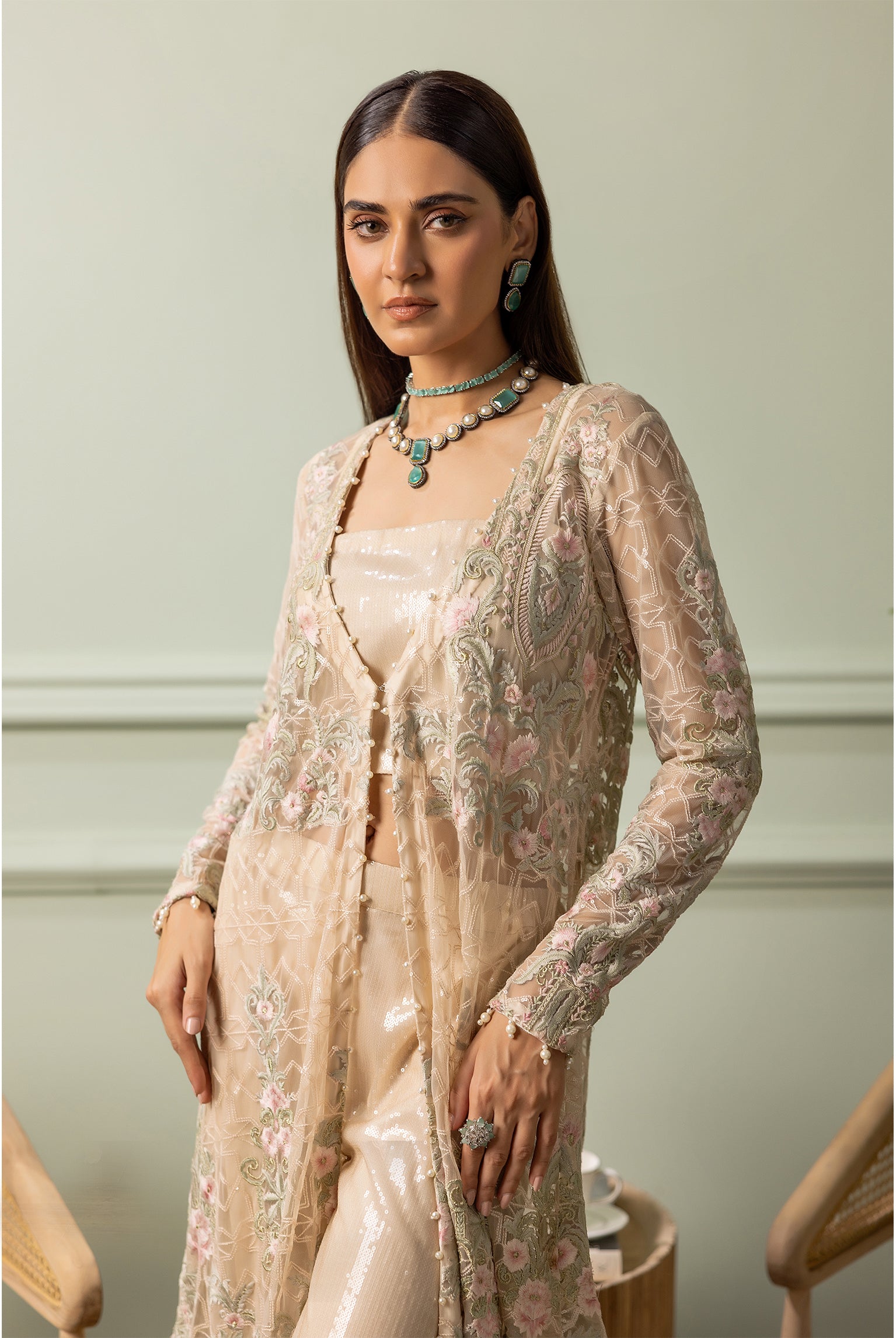 Pakistani Beige Embroidered Net Long Jacket (3-Piece) - Image 3