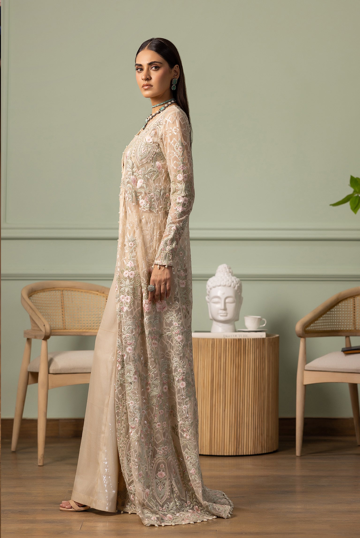 Pakistani Beige Embroidered Net Long Jacket (3-Piece) - Image 4