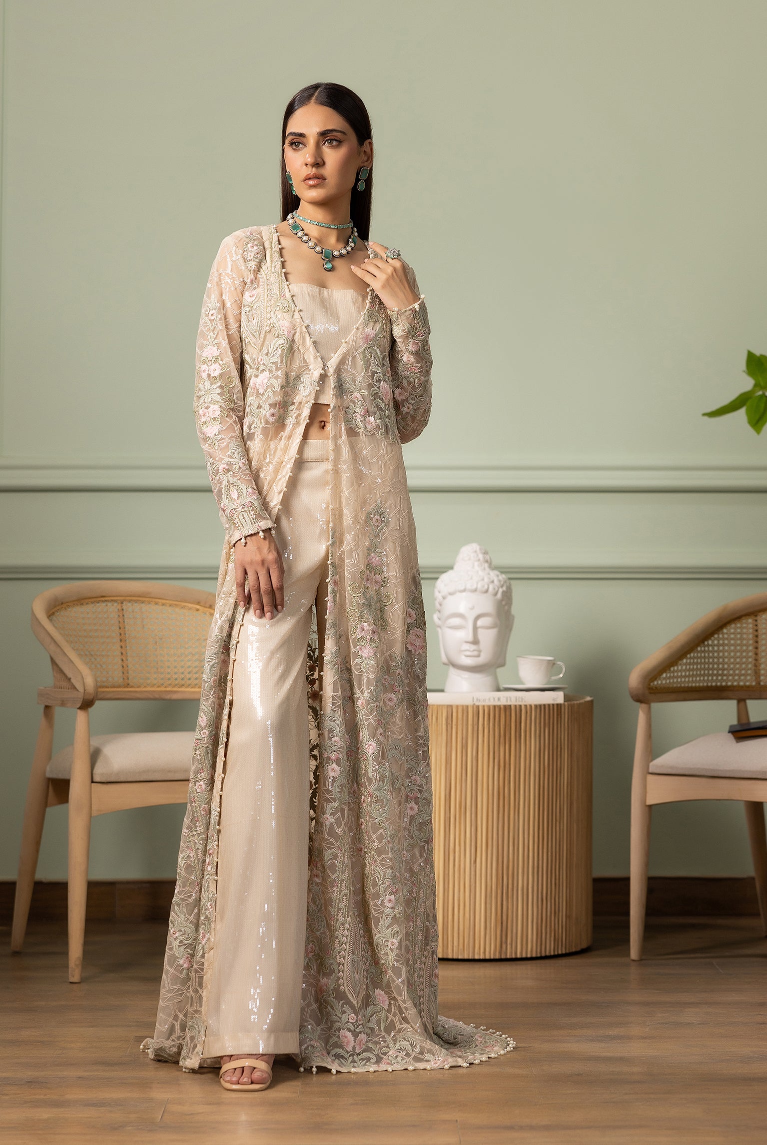 Pakistani Beige Embroidered Net Long Jacket (3-Piece) - Image 5