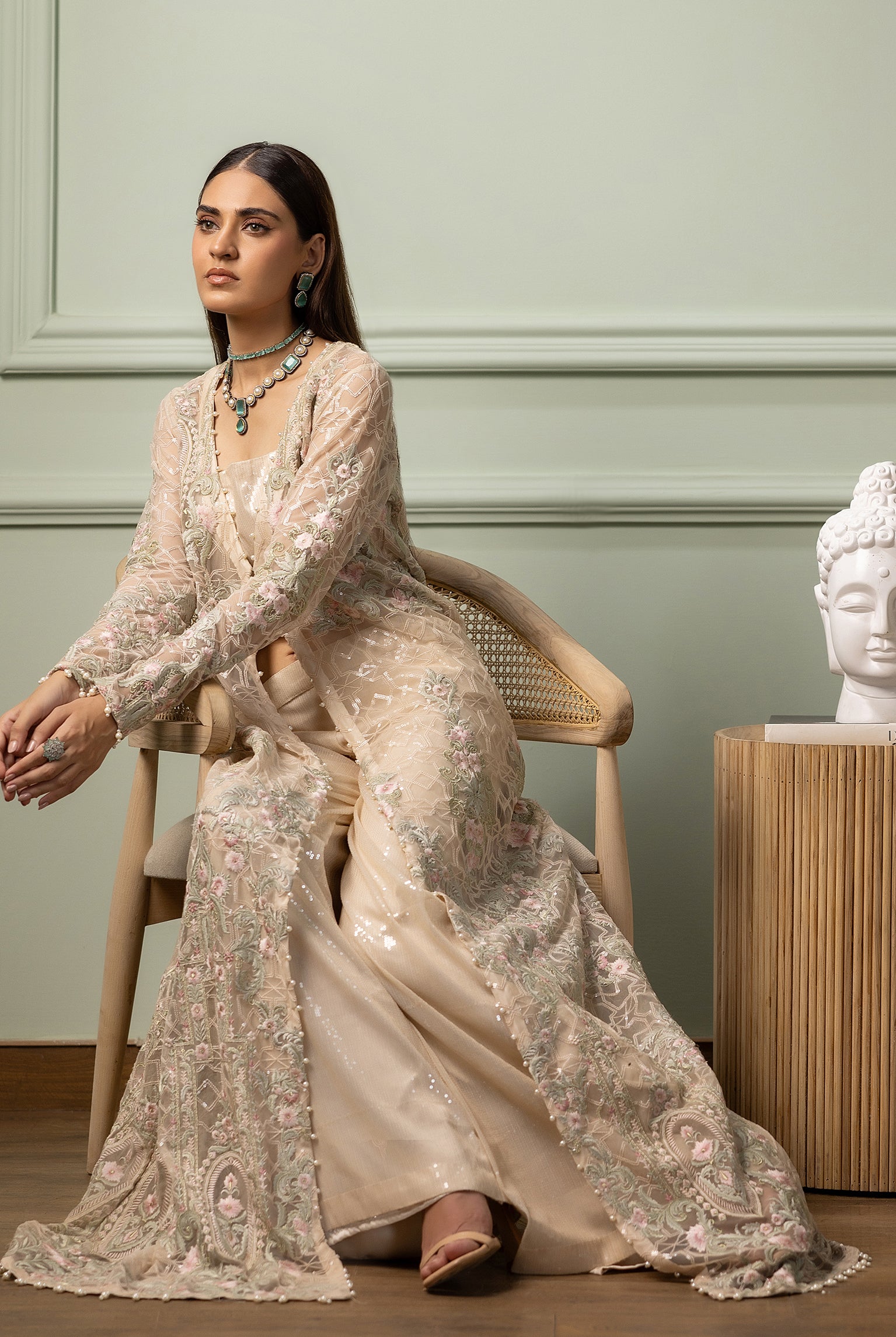 Pakistani Beige Embroidered Net Long Jacket (3-Piece) - Image 6