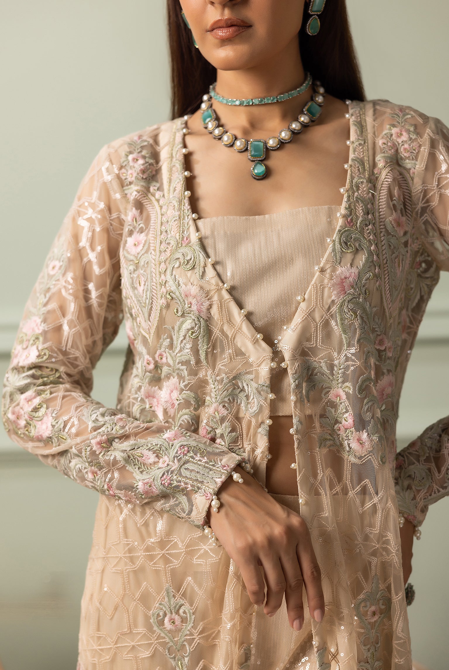 Pakistani Beige Embroidered Net Long Jacket (3-Piece) - Image 7