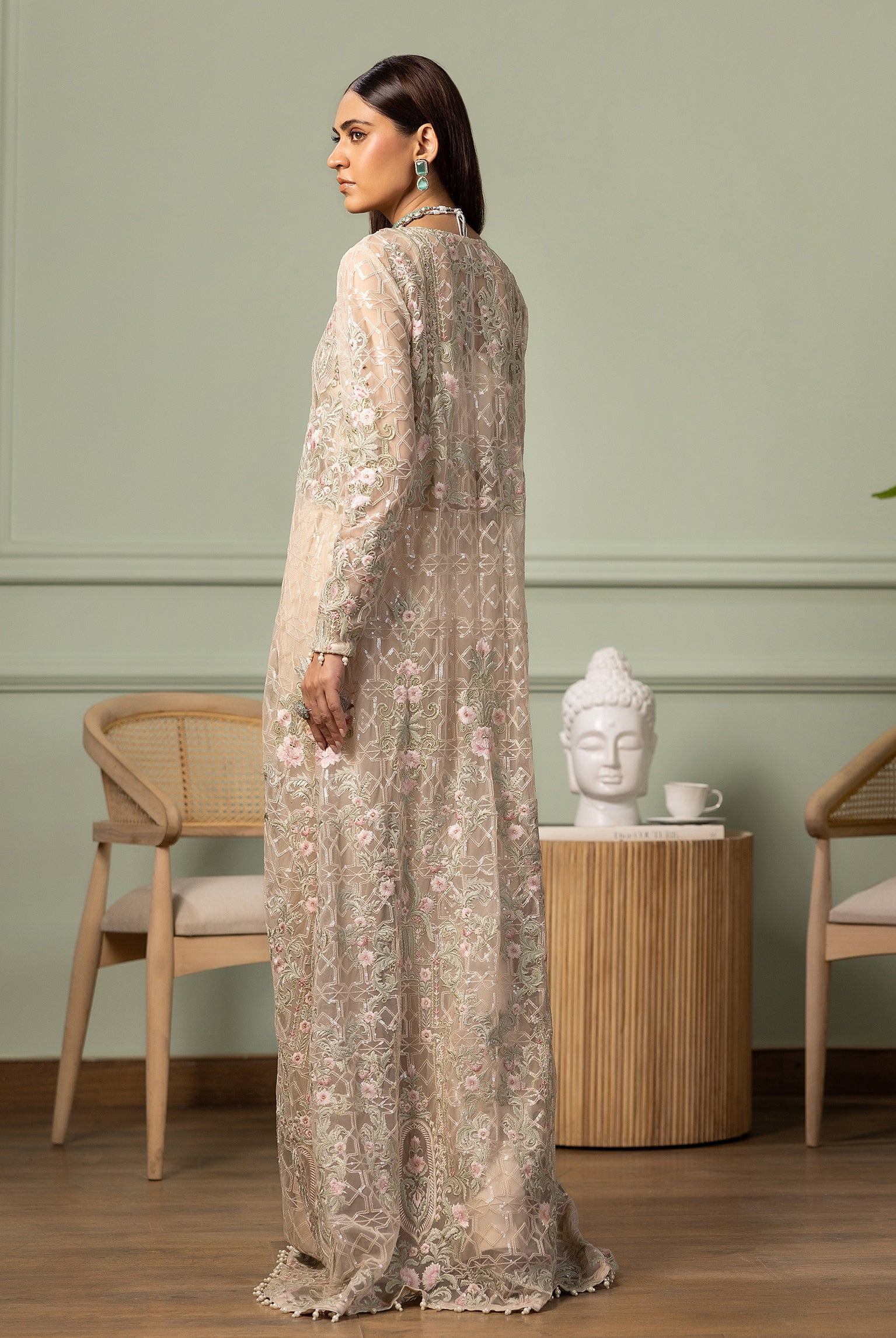 Pakistani Beige Embroidered Net Long Jacket (3-Piece) - Image 8