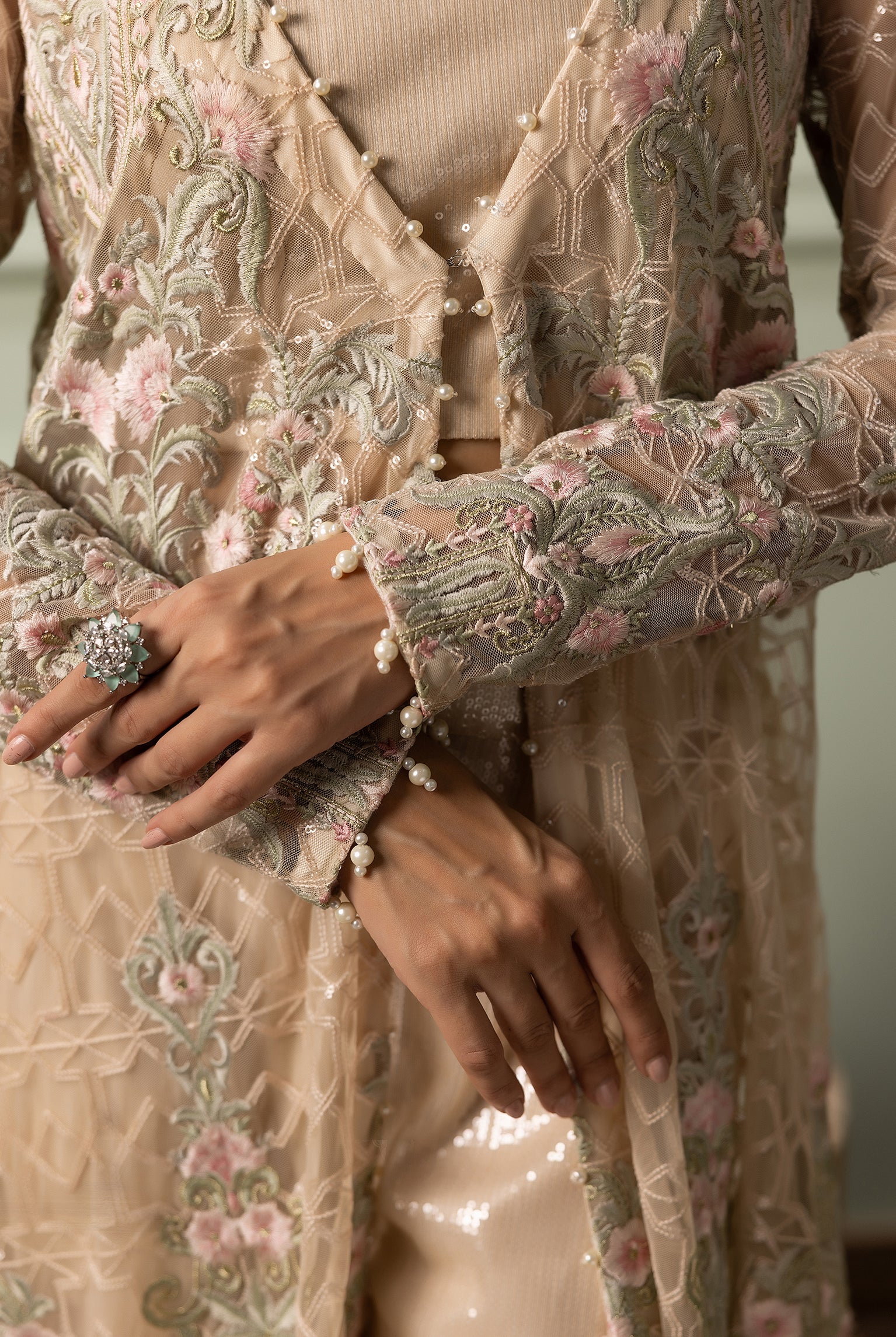 Pakistani Beige Embroidered Net Long Jacket (3-Piece) - Image 9