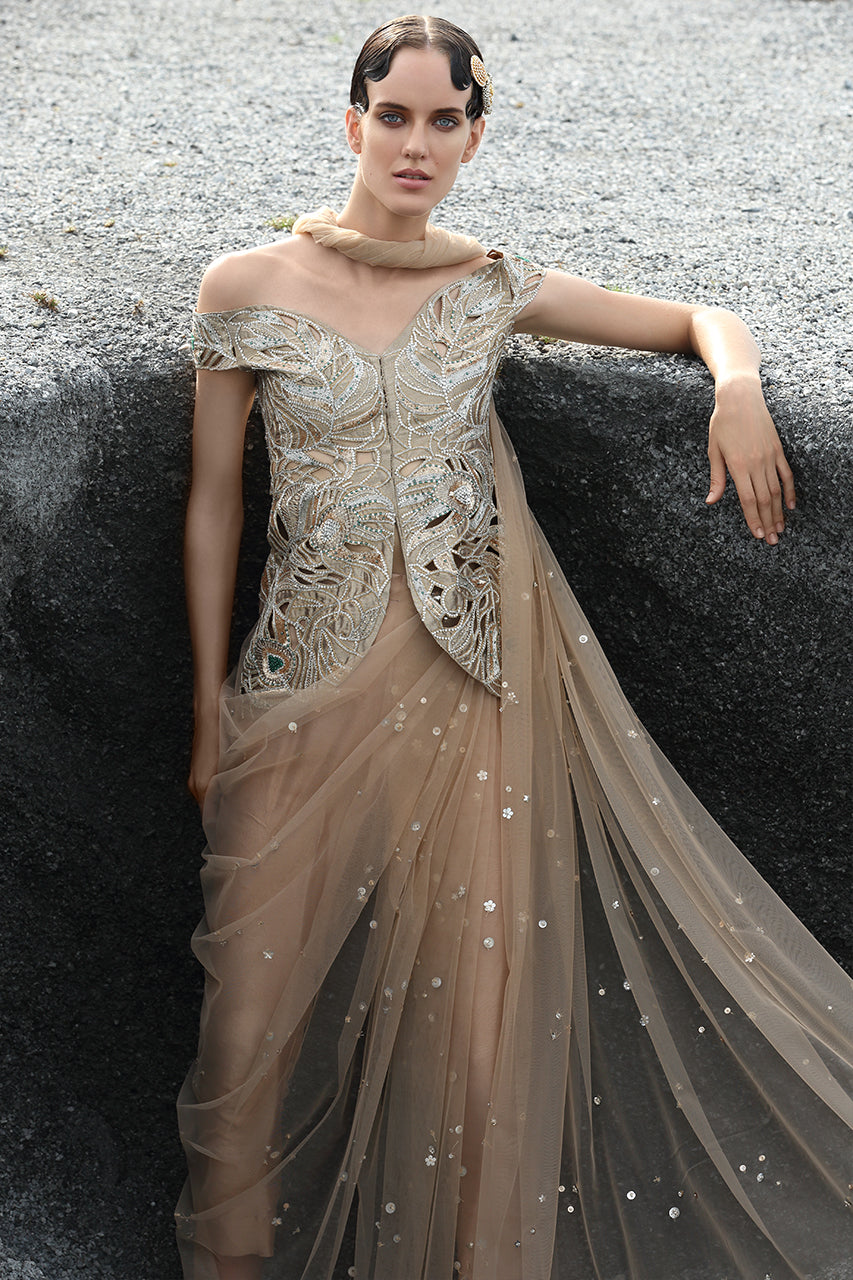 Pakistani Butterscotch Hand-Embroidered Tissue Jacket (3-Piece) - Image 4