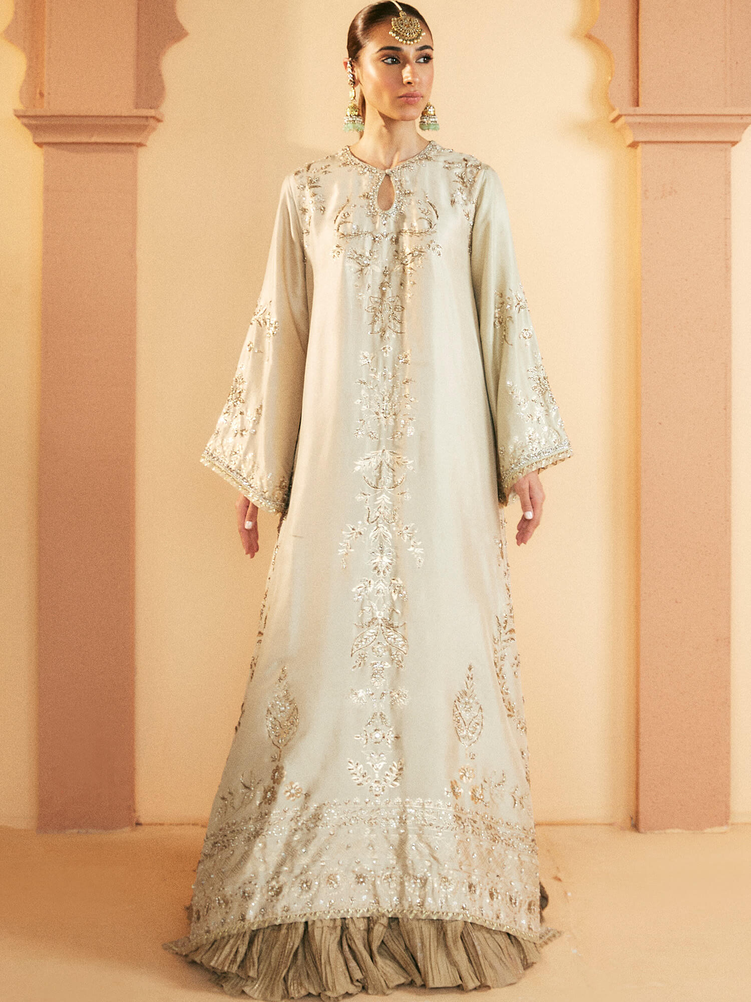 Pakistani Beige Embellished Raw Silk Jalabiya with Lehenga (2-Piece) - Image 1