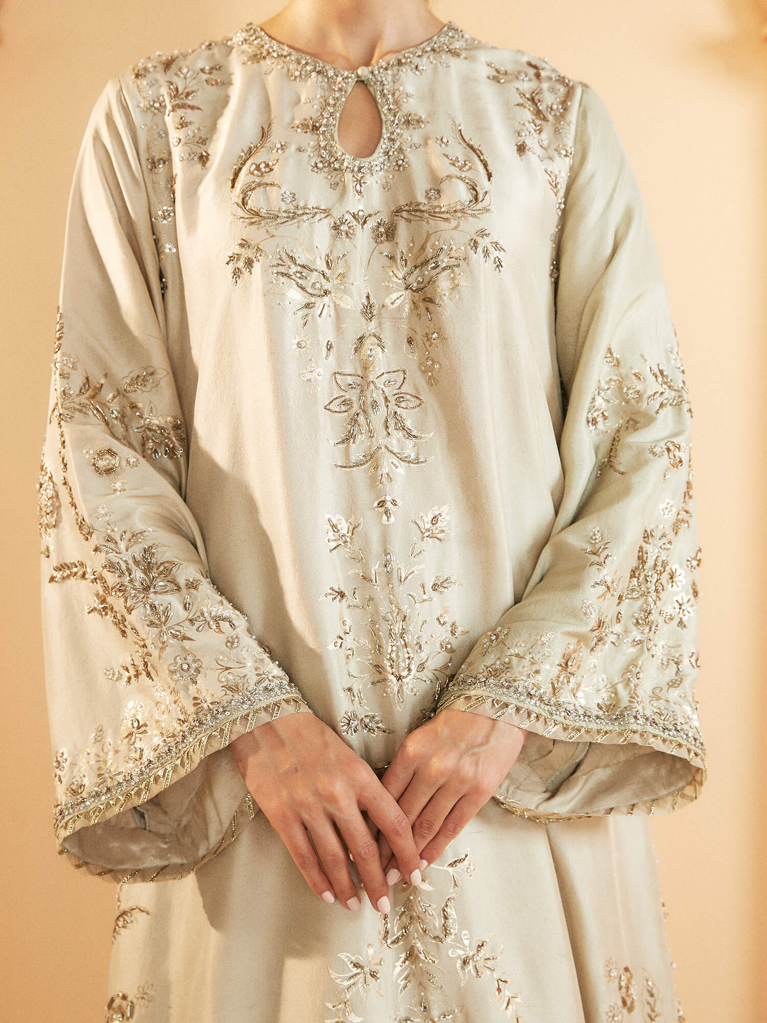 Pakistani Beige Embellished Raw Silk Jalabiya with Lehenga (2-Piece) - Image 2