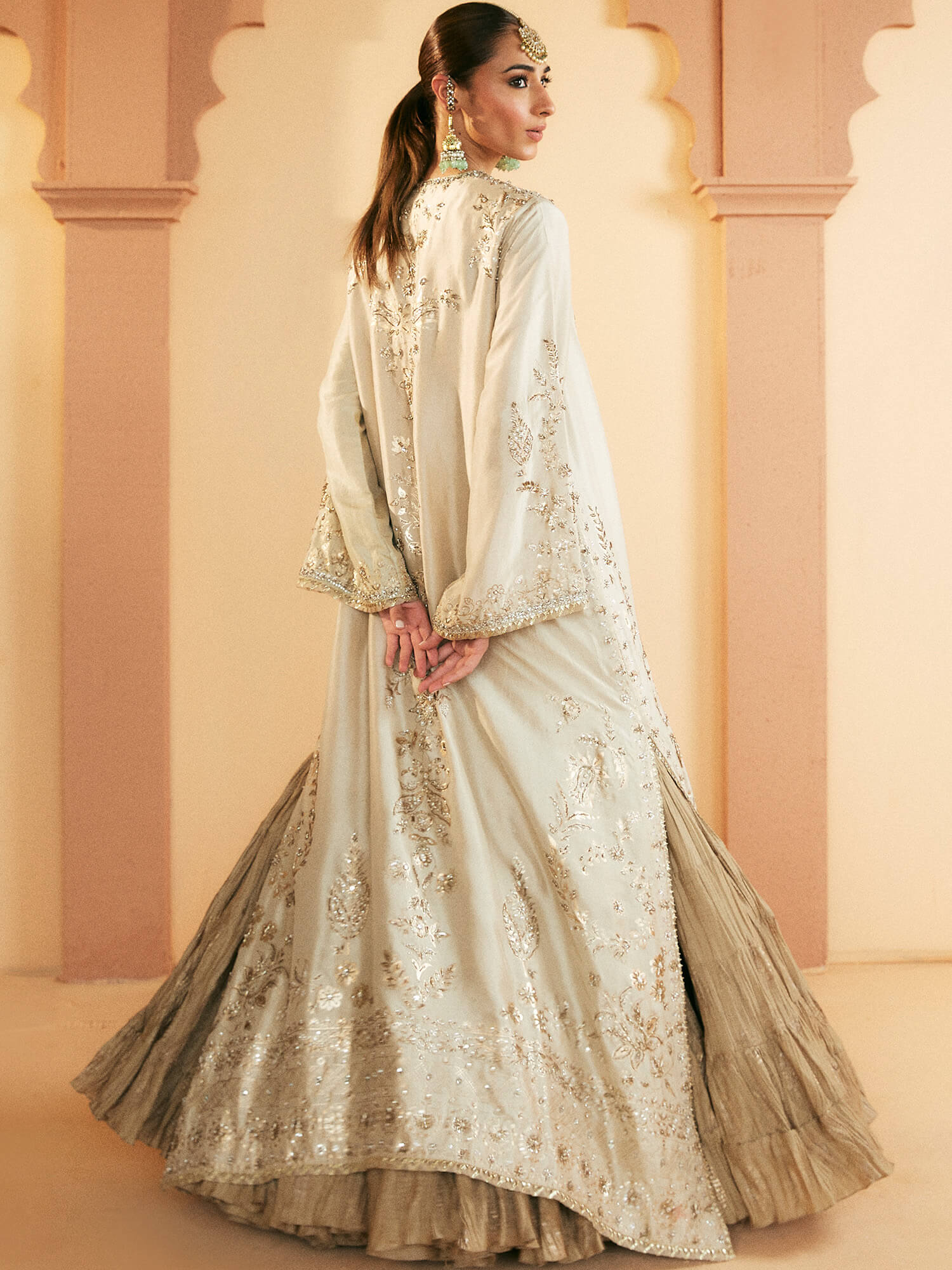 Pakistani Beige Embellished Raw Silk Jalabiya with Lehenga (2-Piece) - Image 3