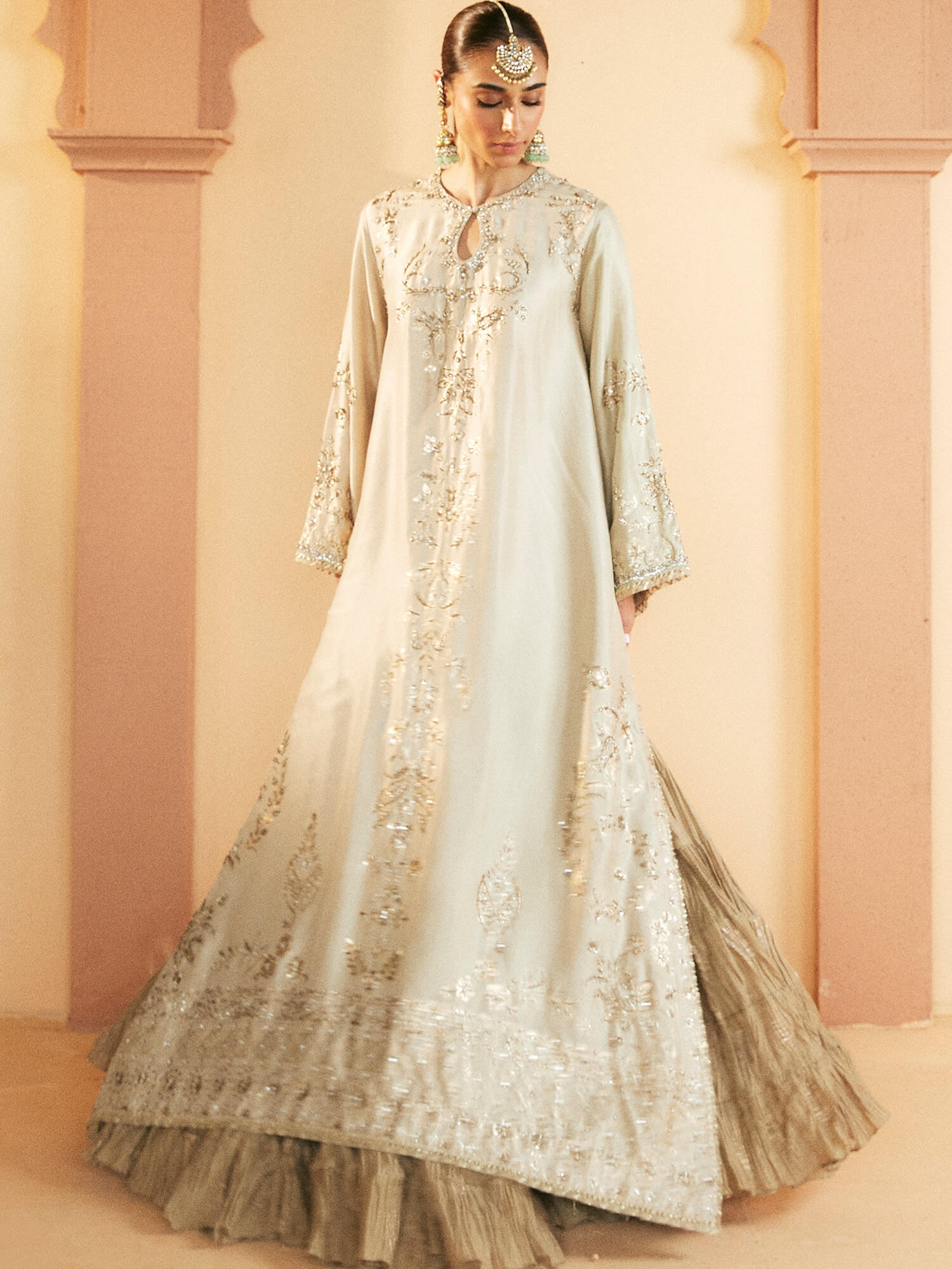 Pakistani Beige Embellished Raw Silk Jalabiya with Lehenga (2-Piece) - Image 4