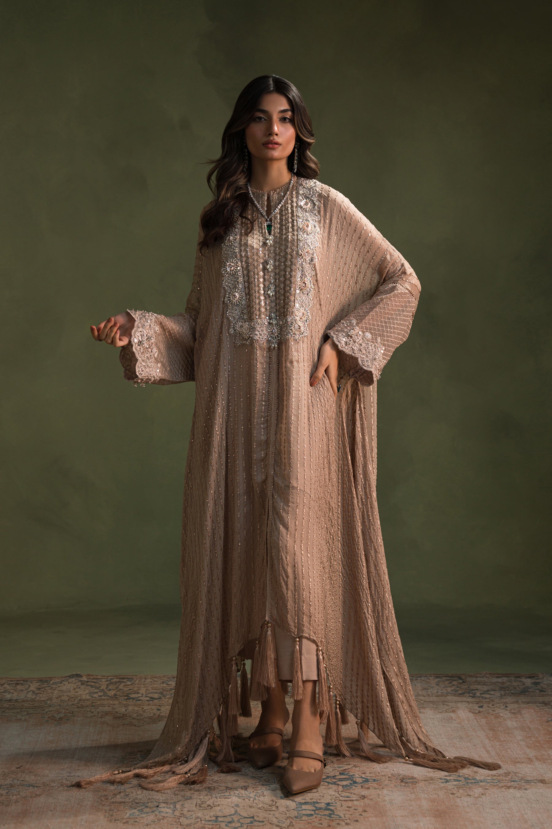 Nude Hand-Embellished Blended Chiffon Kaftan (3-Piece) - Image 1