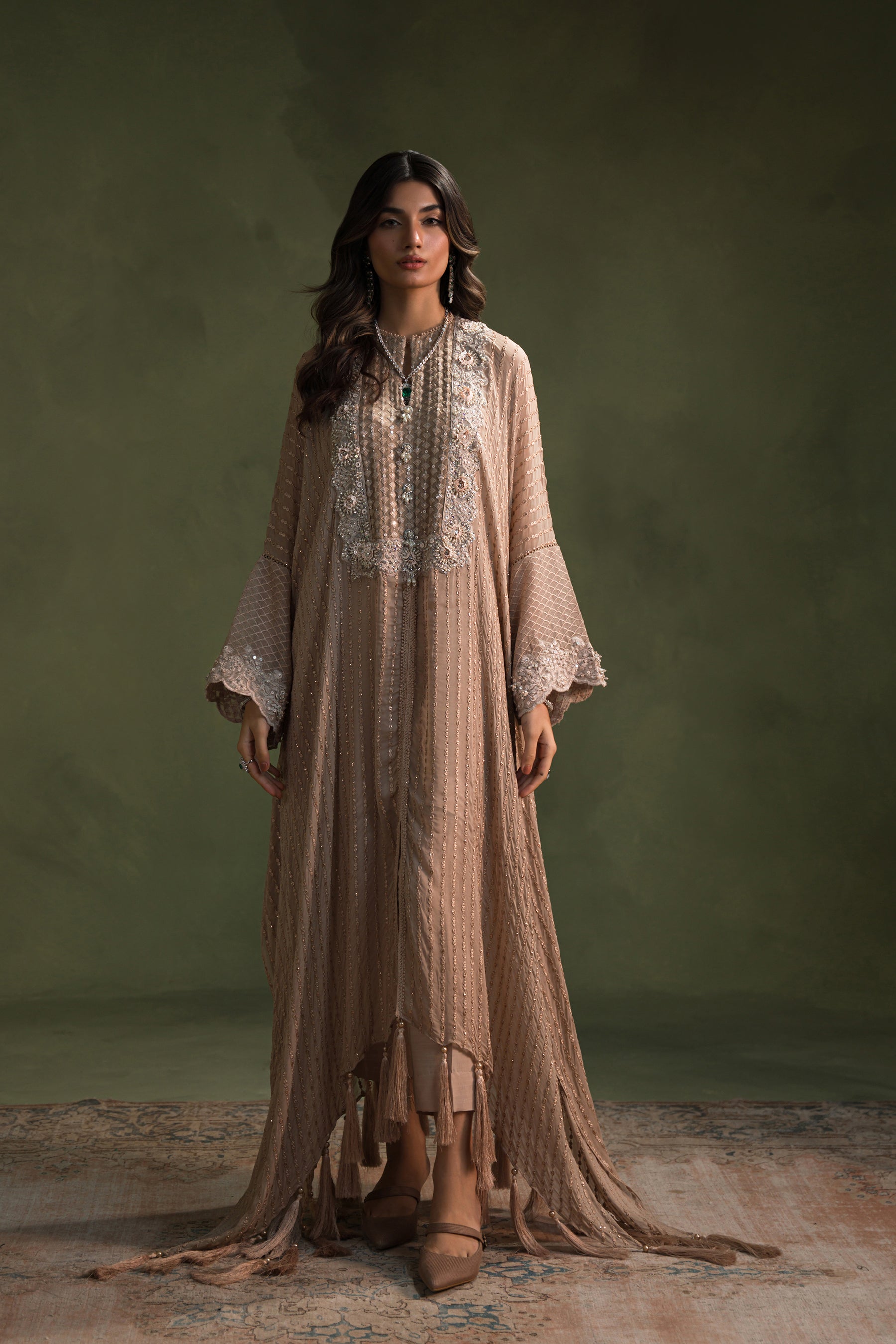 Nude Hand-Embellished Blended Chiffon Kaftan (3-Piece) - Image 2