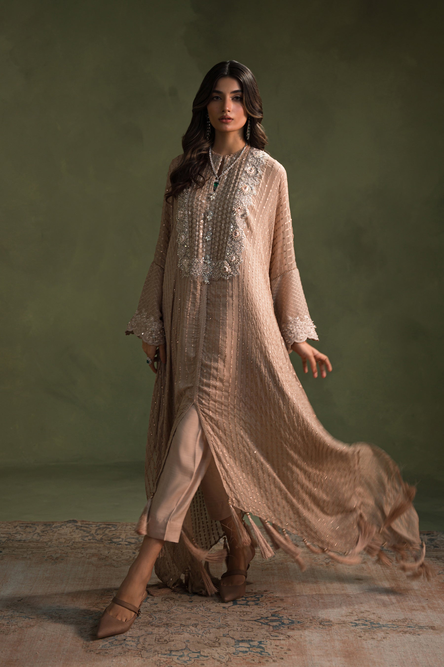 Nude Hand-Embellished Blended Chiffon Kaftan (3-Piece) - Image 3