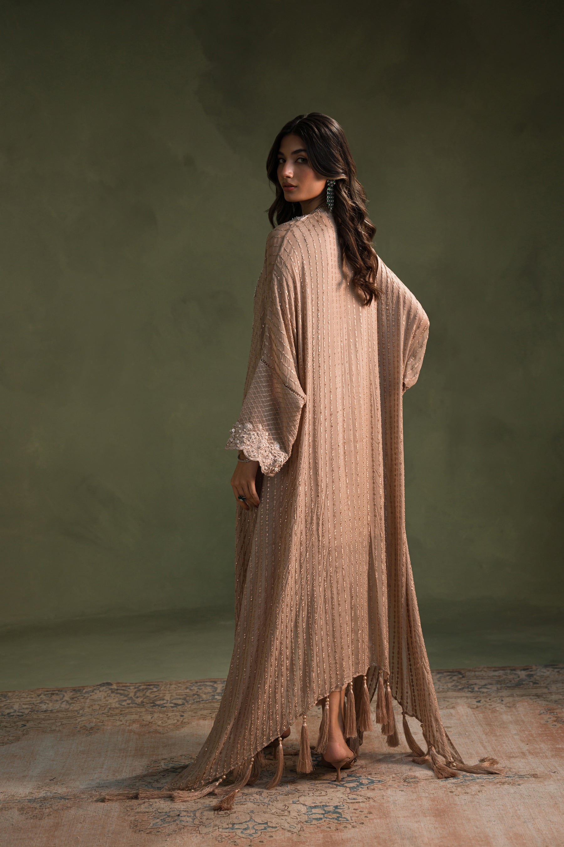 Nude Hand-Embellished Blended Chiffon Kaftan (3-Piece) - Image 4